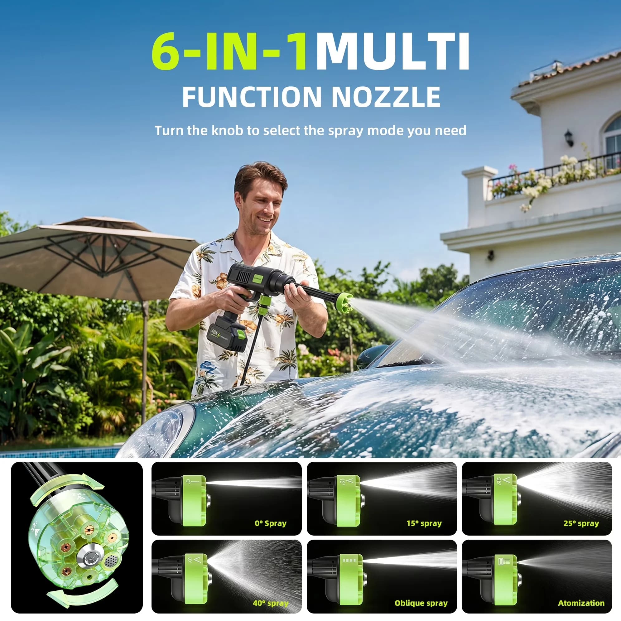 Compact Pressure Washer with Battery, 48V, 6-in-1 Nozzle - 1000PSI - Commercial Quality Model F25150