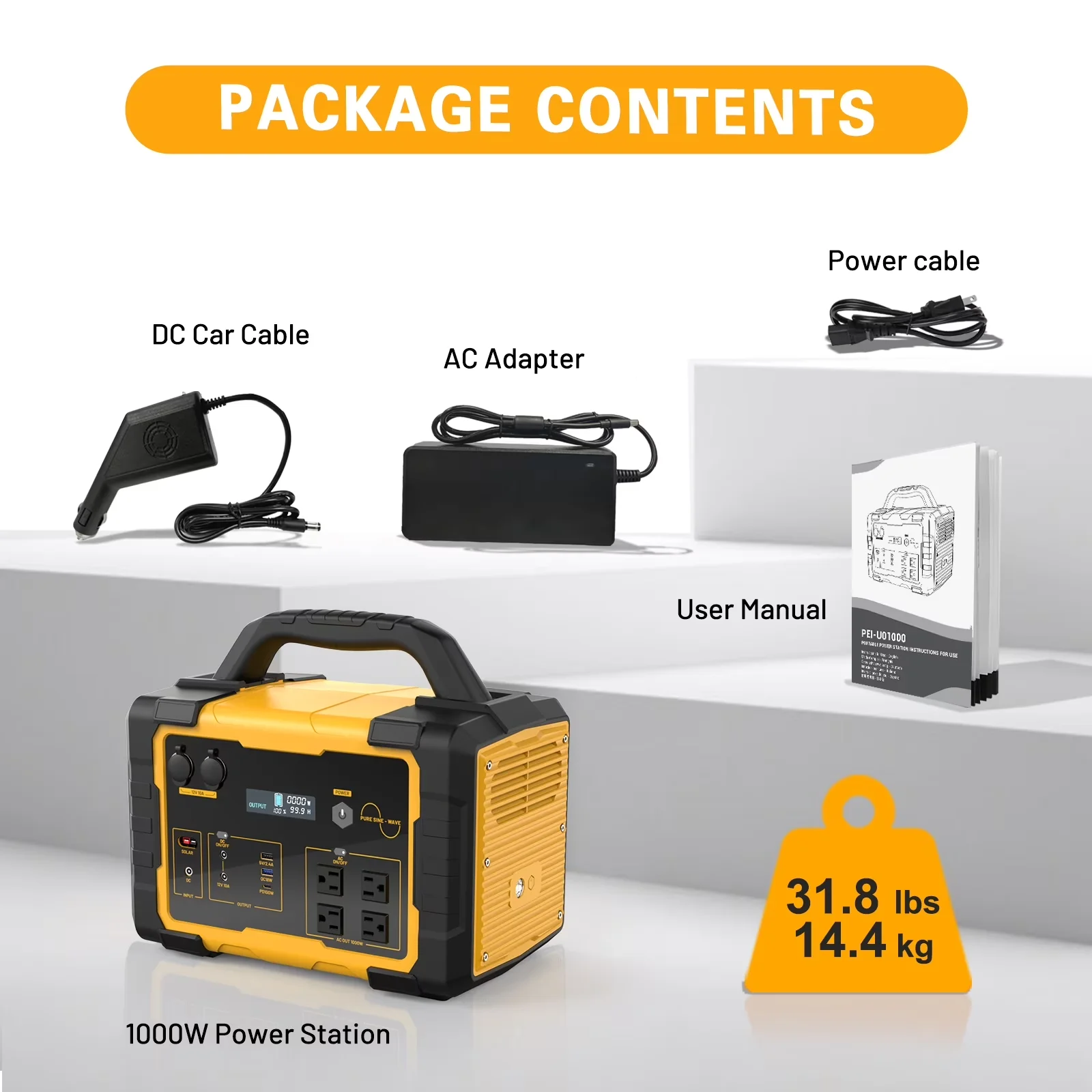 Innovative Generator with 1000W, Short Circuit Protection, Digital Display - Yellow for Camping, Rv Model 00701D