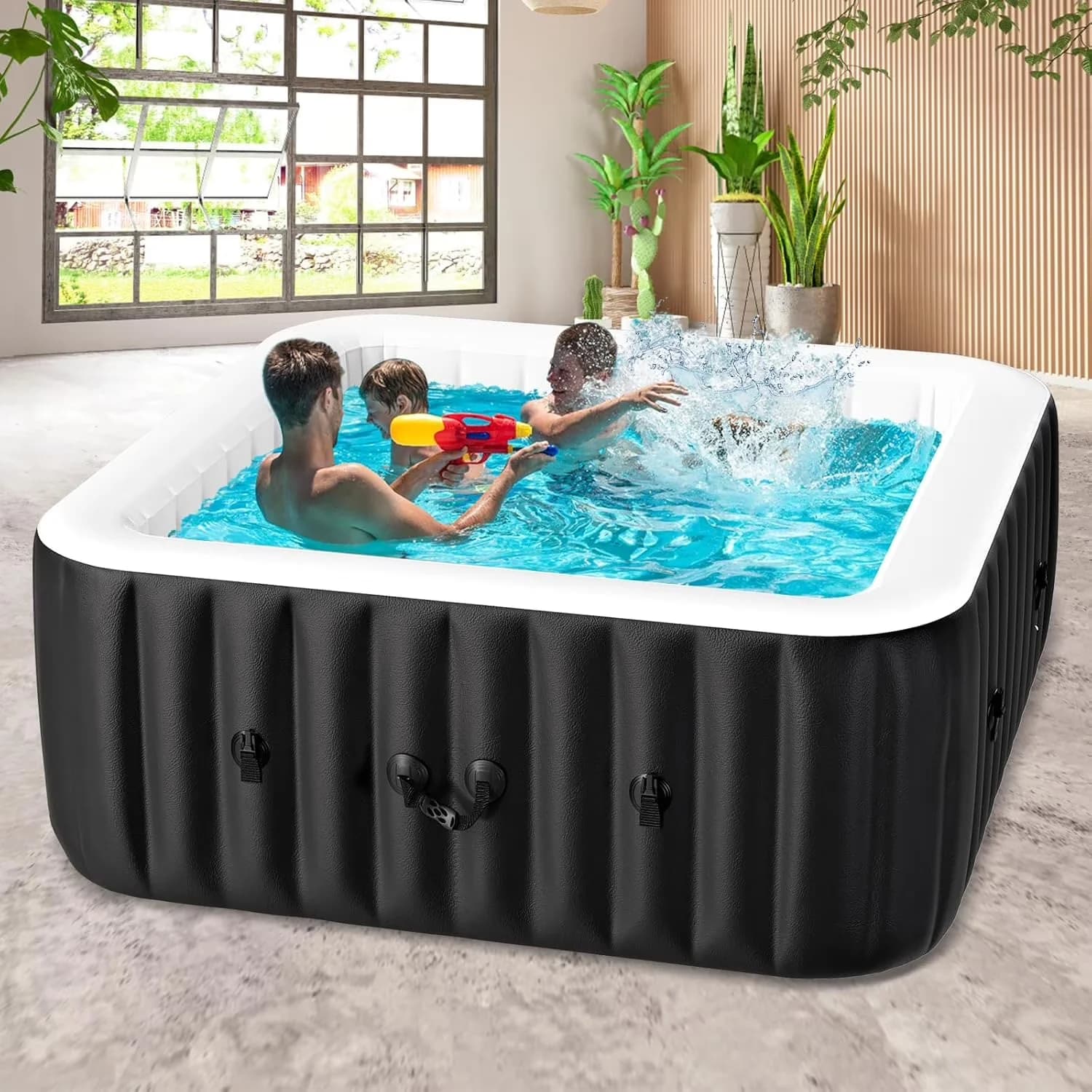 Durable Hot Tub with Inflatable, 57” X 57” X 25” Portable Blow Up Square - Black for Outdoor Model C566F7
