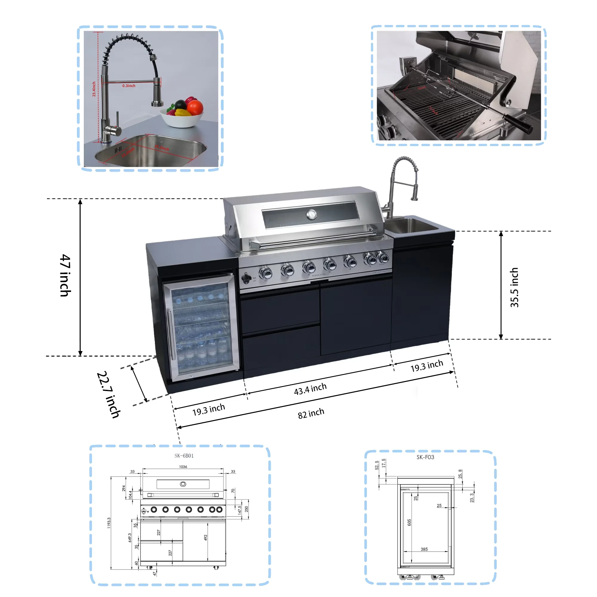 Premium Gas Grill with 85000 BTU, Enclosed Cabinet - Black Stainless Steel Model C9A7BD