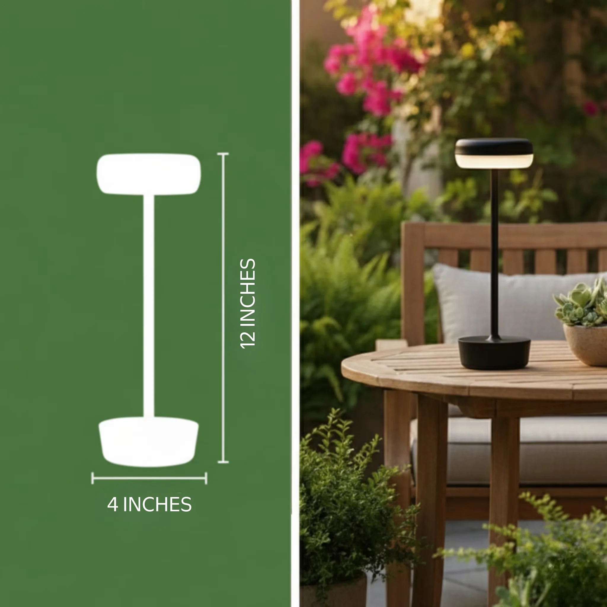 Compact Lamp with LED, Battery, 12-Inch Outdoor Rechargeable Table - Black Plastic + Metal Pole Model B12558
