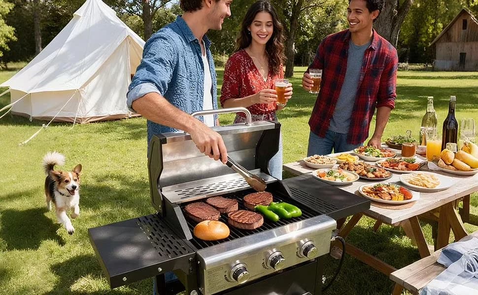 Gas Grill Efficient with 26000 BTU, Portable, 3 Burner Propane - Silver Iron Model ABD5DE