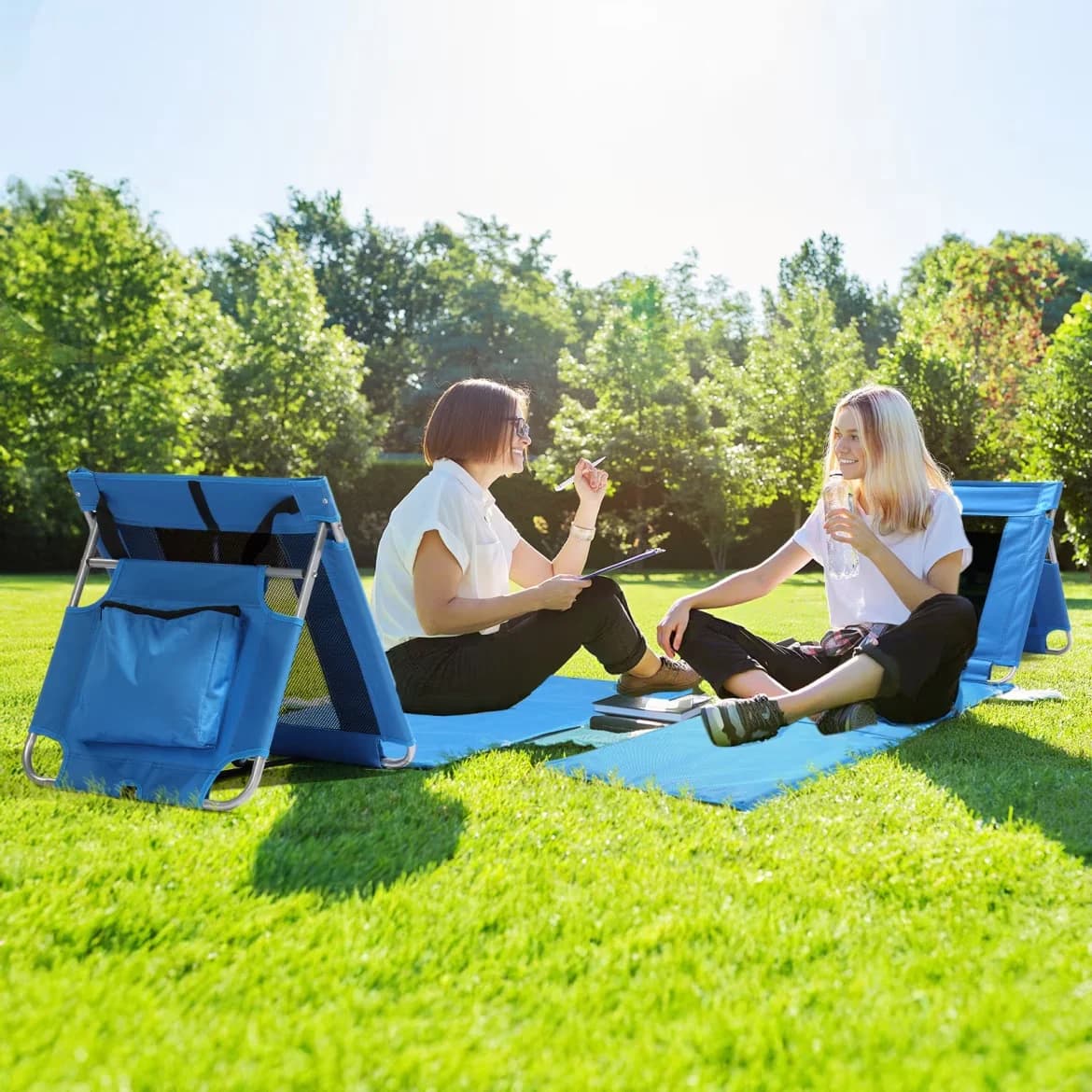 Durable Beach Chair with Folding, Cooler Pocket and Carry Strap - Blue Iron Tube, Oxford Fabric Model DAC438