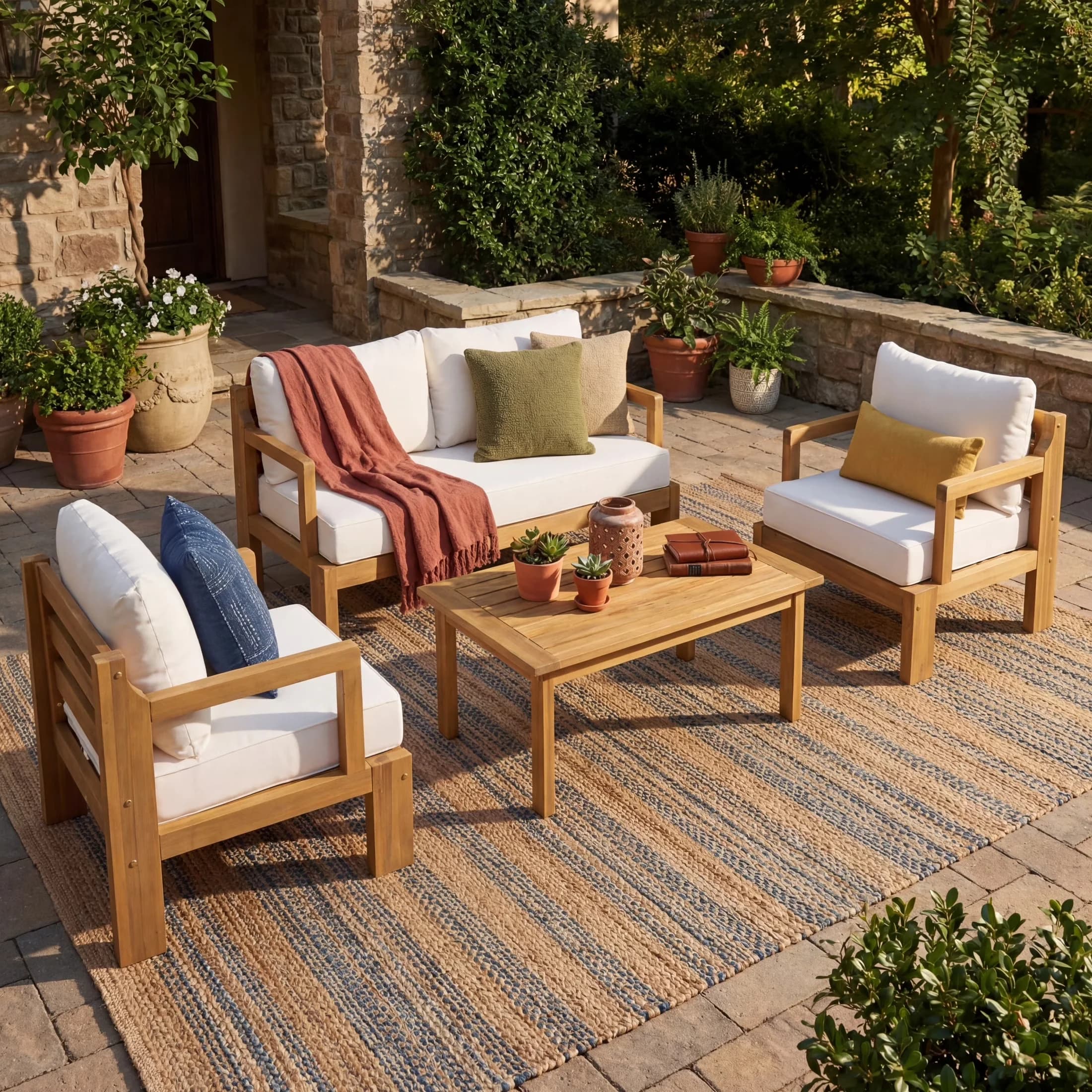 Modern Patio Conversation Set with 4-Piece, Coffee Table - Acacia Wood + Water Repellent Fabric + Foam Beige Model 2CA708
