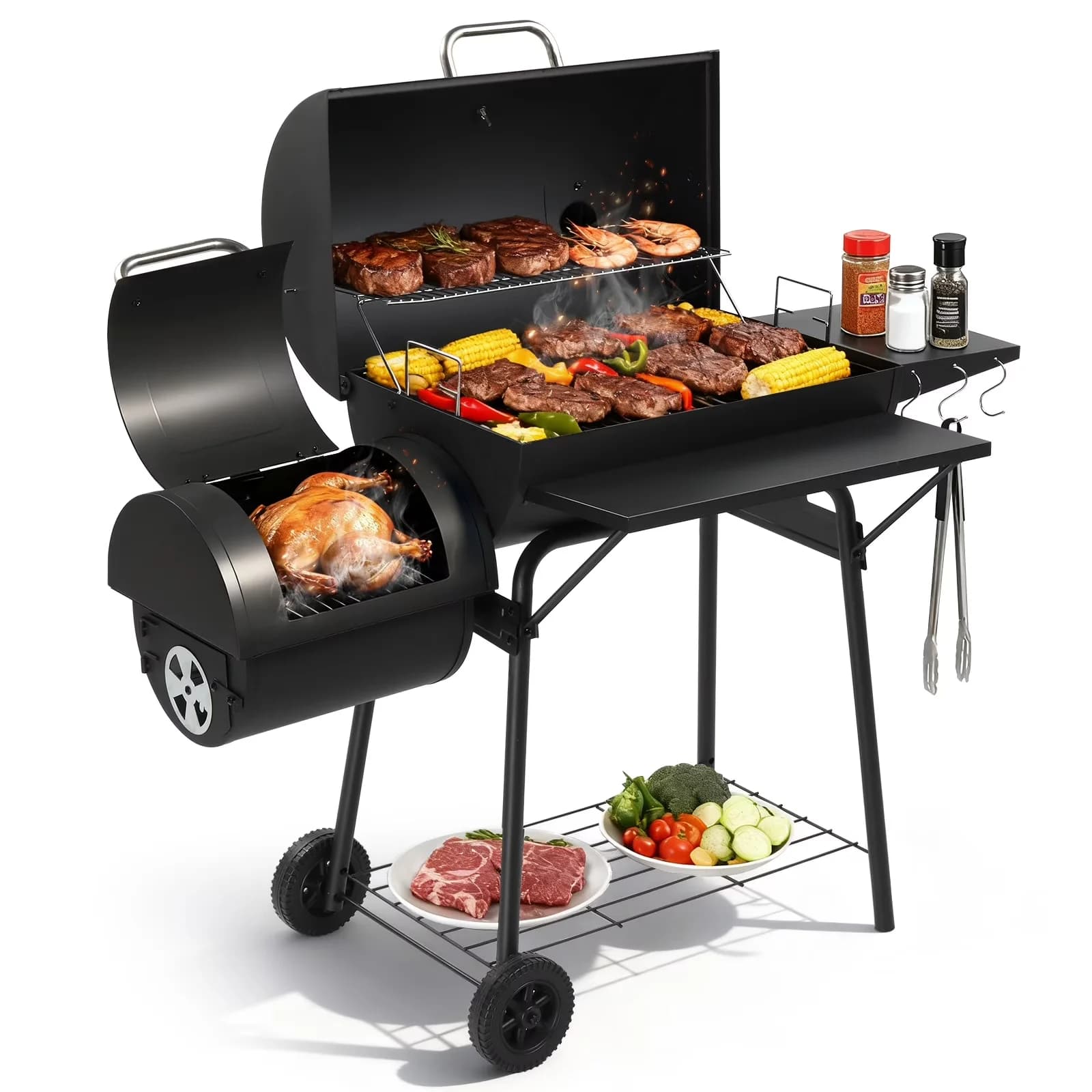 Durable Charcoal Grill with Warming Rack, Thermometer - Black Steel for Outdoor Model 64FFD3