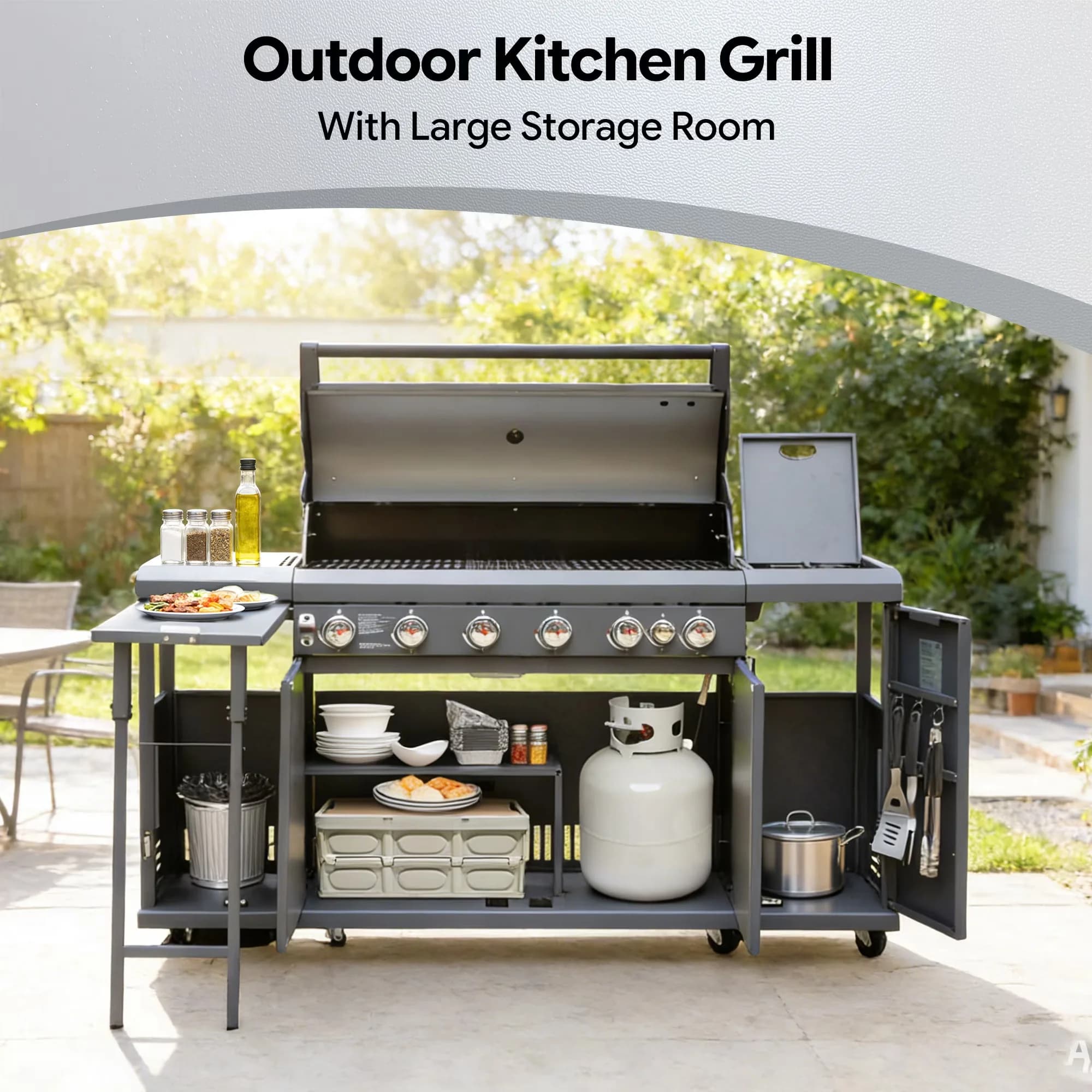 Gas Grill Compact with Enclosed Cabinet, Warming Rack, Rust Resistant - Brown Steel Model BB54C1