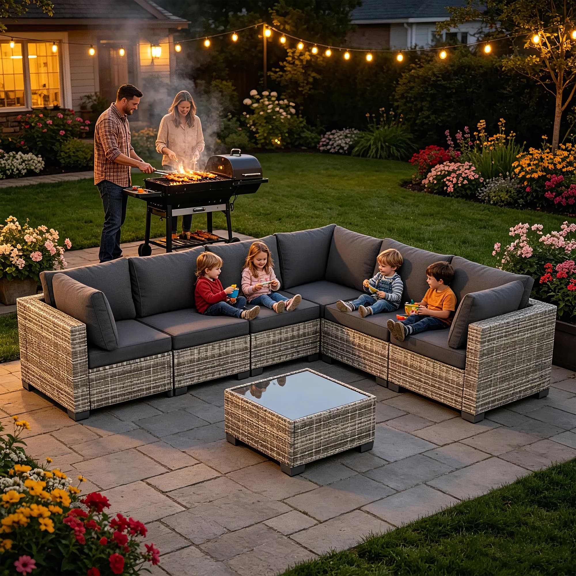 Quality Patio Conversation Set with Weatherproof, Modular Furniture, Thick Cushions & Tempered Glass Table - Gray Fabric Model 508516