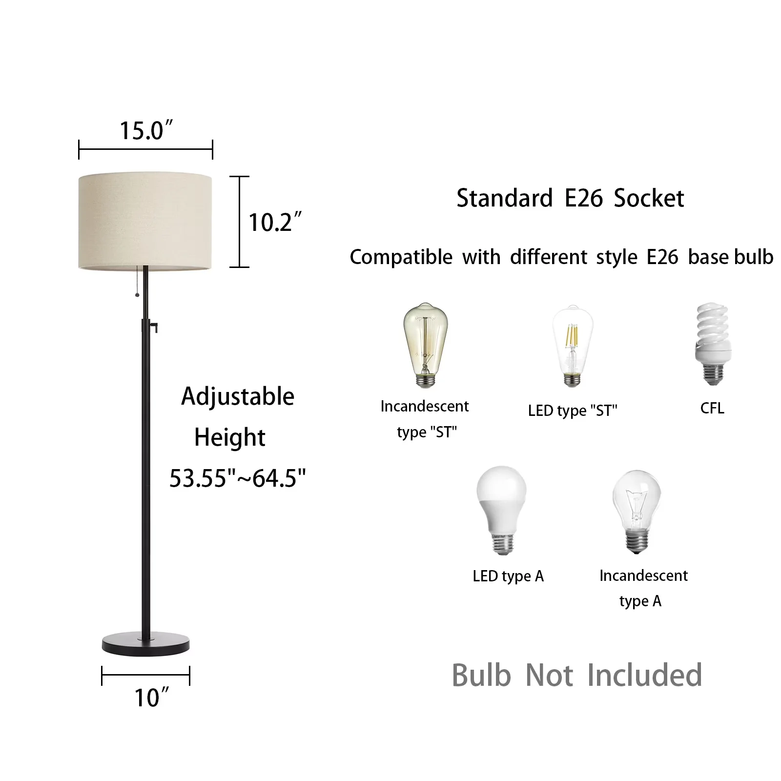 Sleek Floor Lamp with LED, Adjustable Height - Black Metal for Living Room, Office Model C24E71