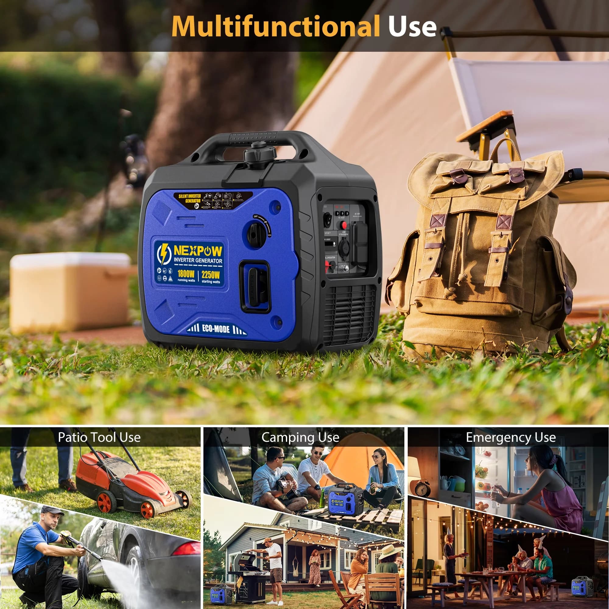 Compact Generator with 2250W, Overload Protection, Gasoline Power Quiet Lightweight for Home, Camping - Model 5FE7F0