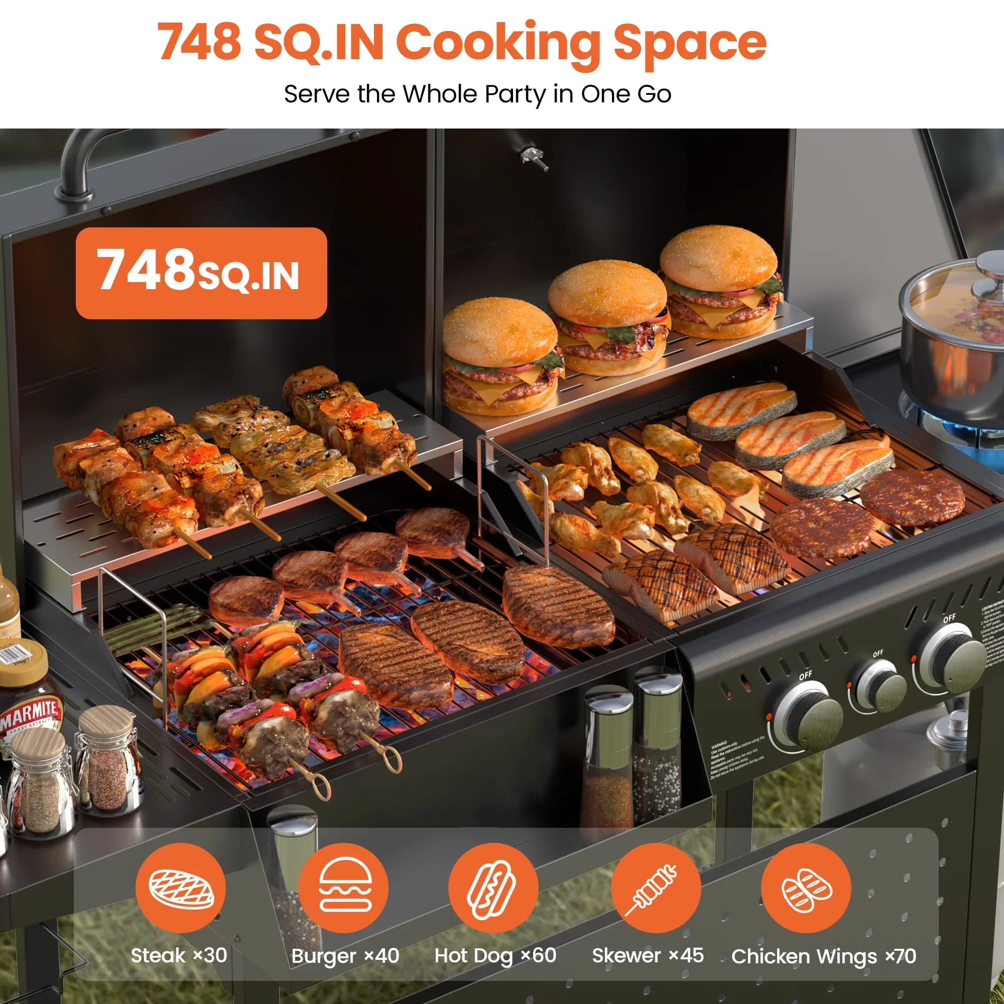Innovative Combo Grill with 30000 BTU, Foldable Legs, Heat Thermometer - Black Steel for Outdoor Model C1E504