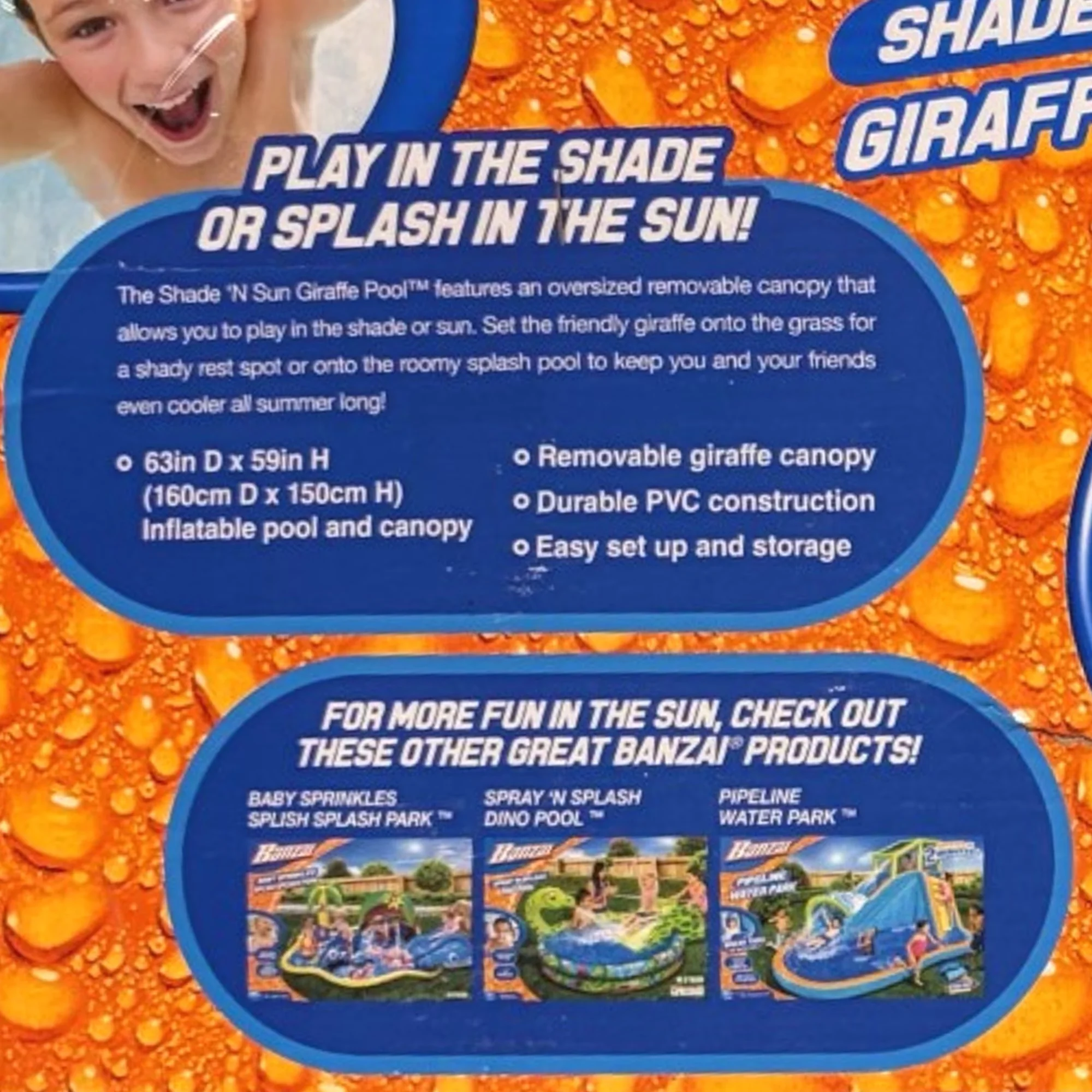 Inflatable Pool Quality with Repair patch included, Shade Canopy, Shade & Sun Giraffe Swimming - Model 2B0847