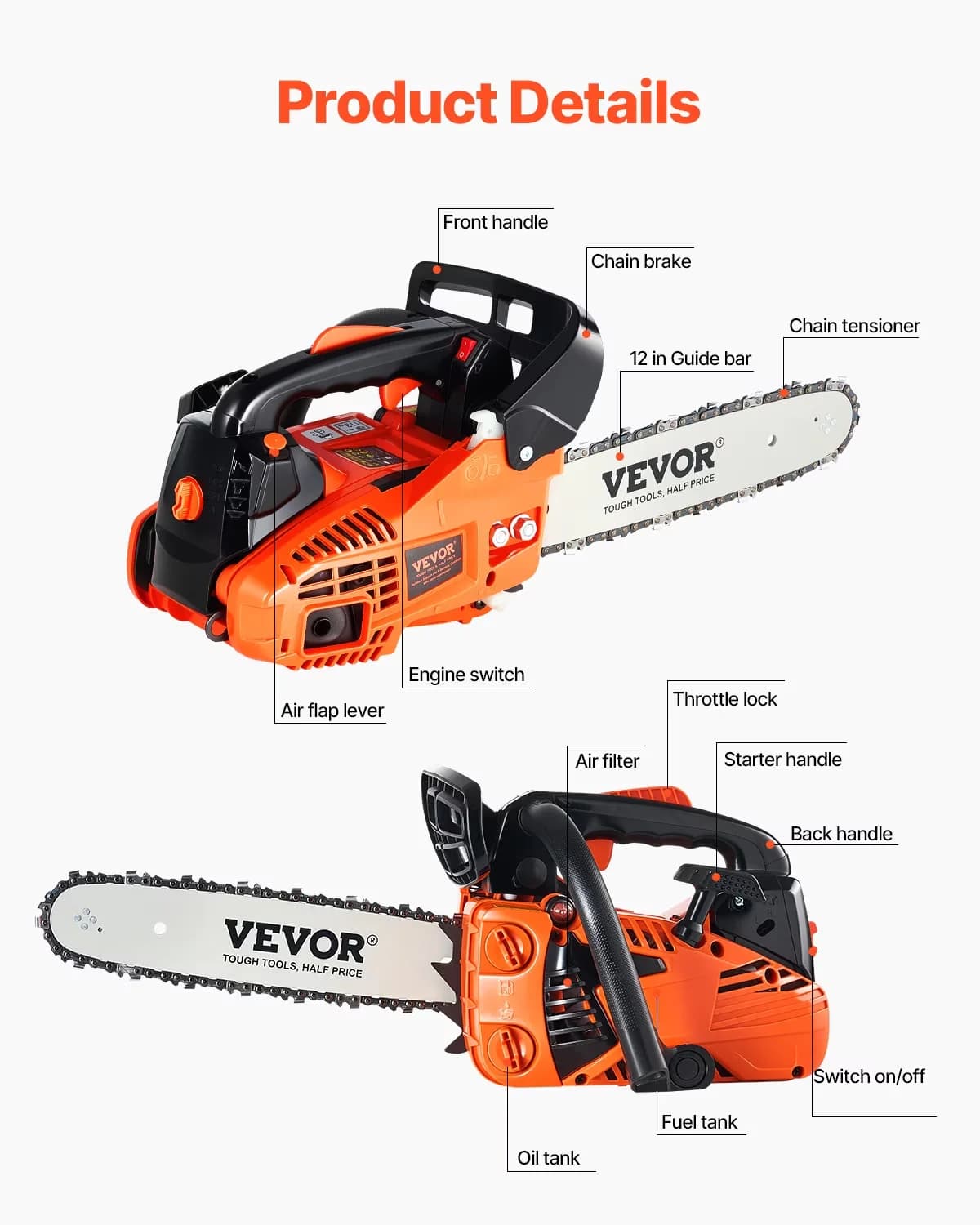 Quality Chainsaw with Gas, Gasoline Powered Chain Saw - Multicolor for Garden Model 5AA624