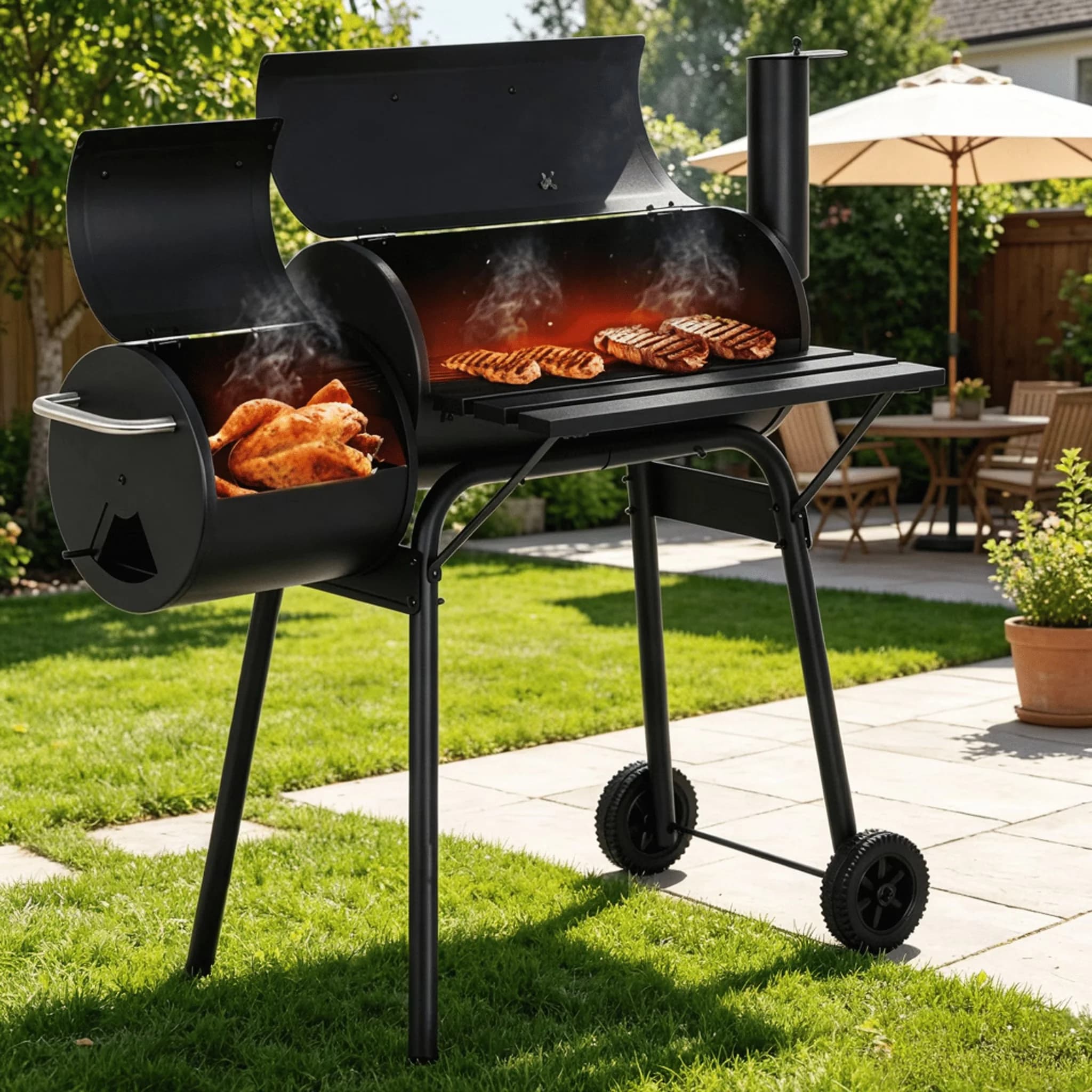 Sleek Smoker with Rust Resistant, Wheels Side, High quality rugged metal materials - Metal Black for Camping Model 36B1E7