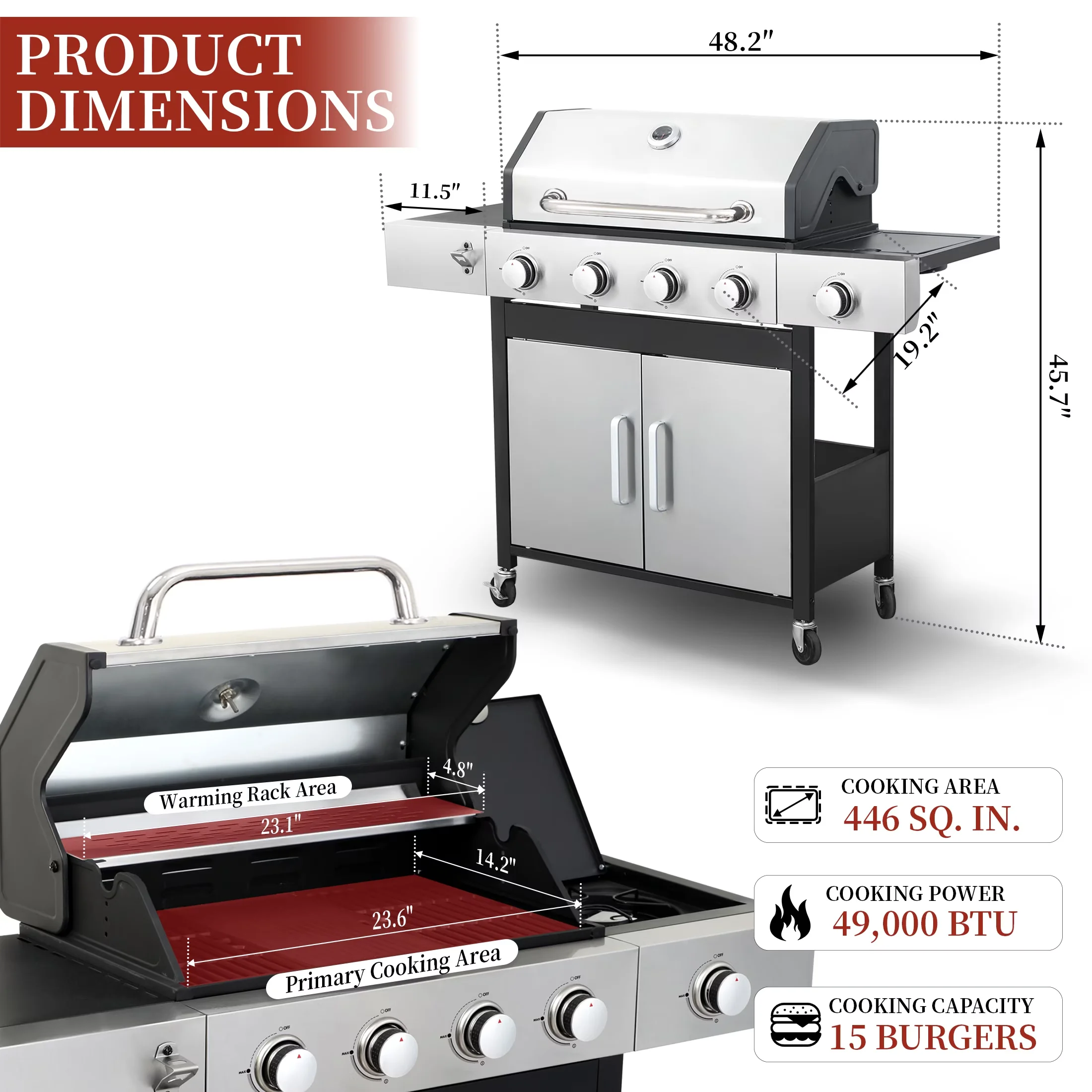 Versatile Gas Grill with Enclosed Cabinet, Grease Pan, Heat Thermometer - Stainless Steel, Powder-Coated Steel, Porcelain-Enameled... Model 8644DD