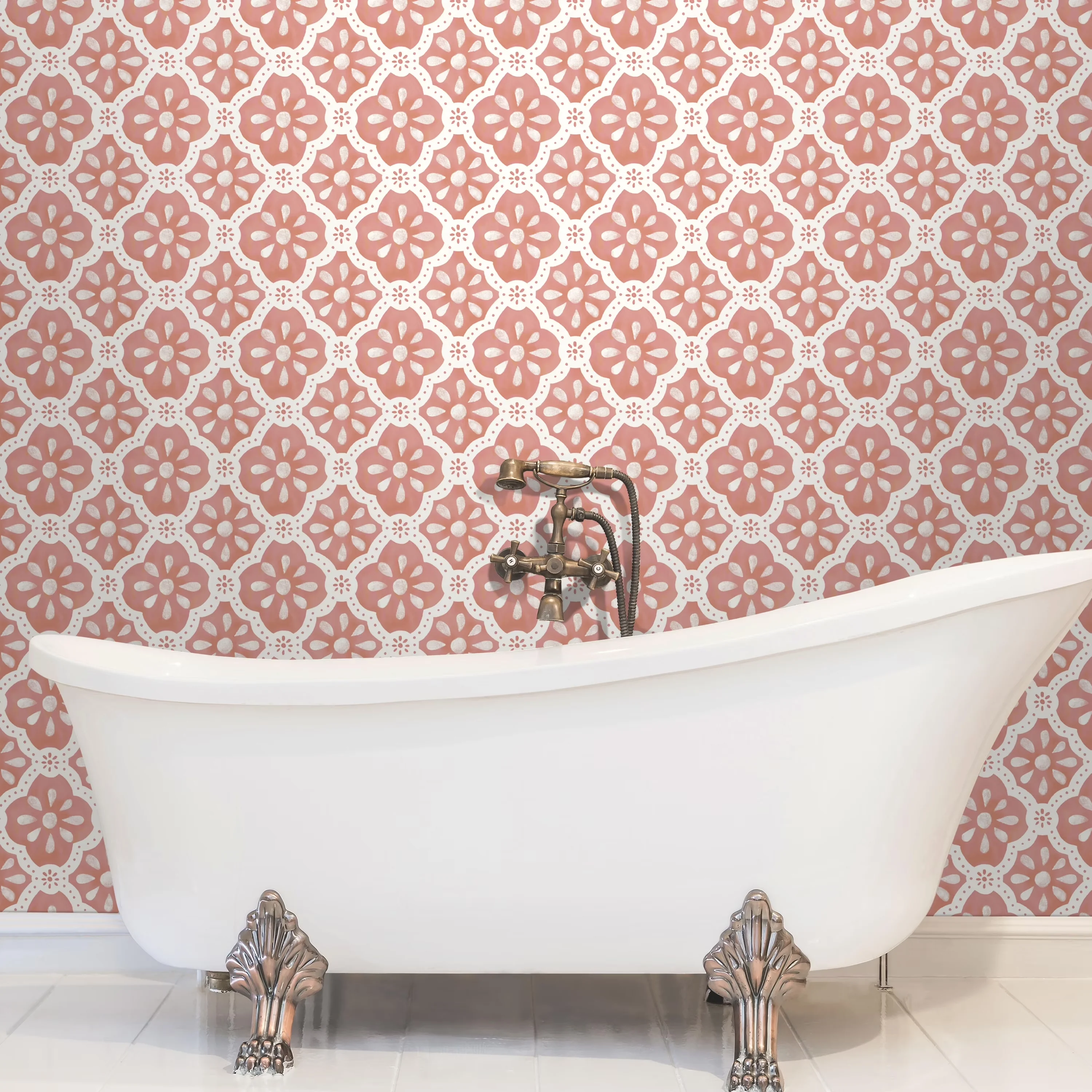 Sleek Wallpaper Wall Decals Wall Covering with Removable, 18" x 18.86', Pink Salmon Washy Trellis Peel and Stick - Pink Vinyl Model 2A6961