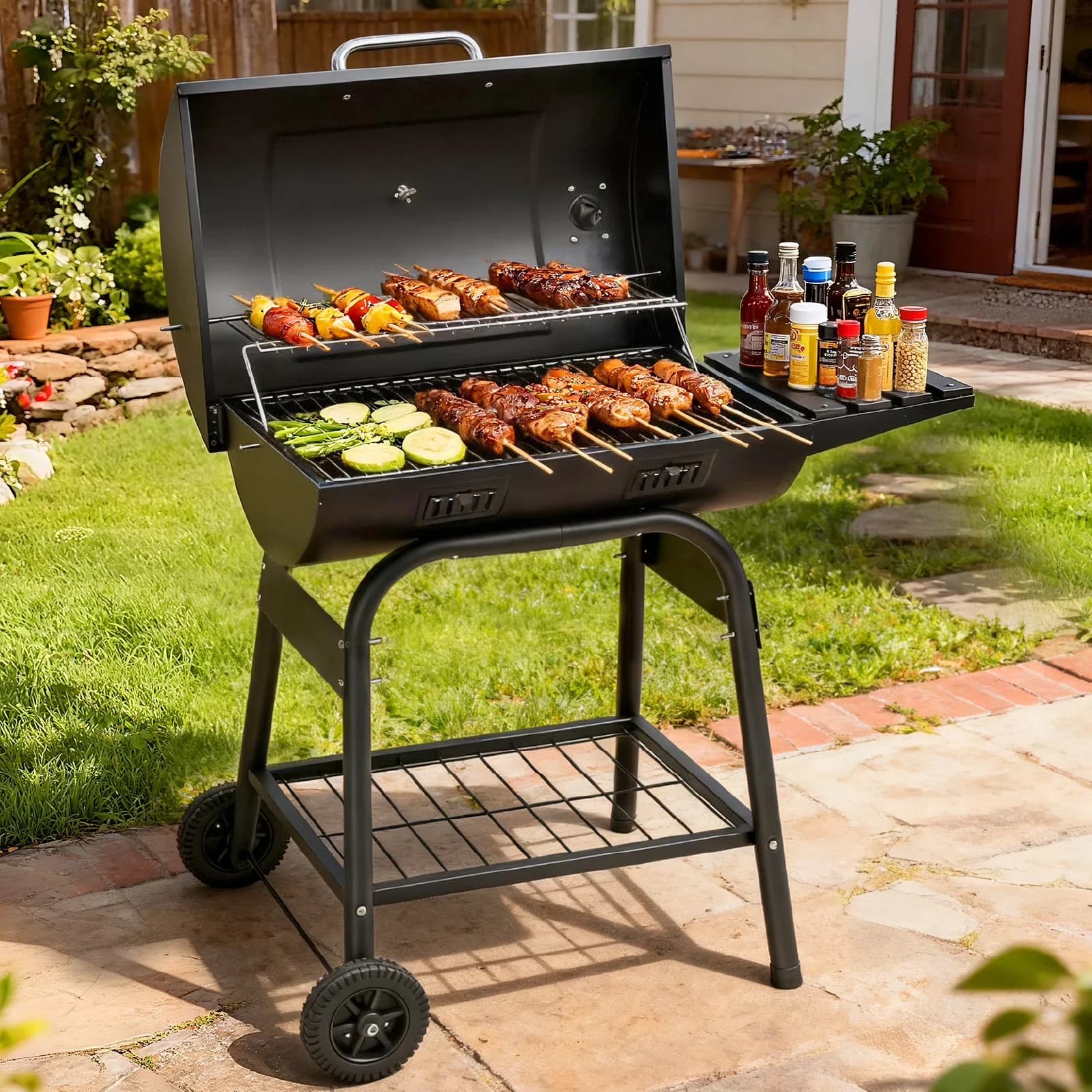 Charcoal Grill Modern with Warming Rack, Offset Firebox, BBQ Outdoor Barbecue Pit Barrel - Black Steel Model 3F7389