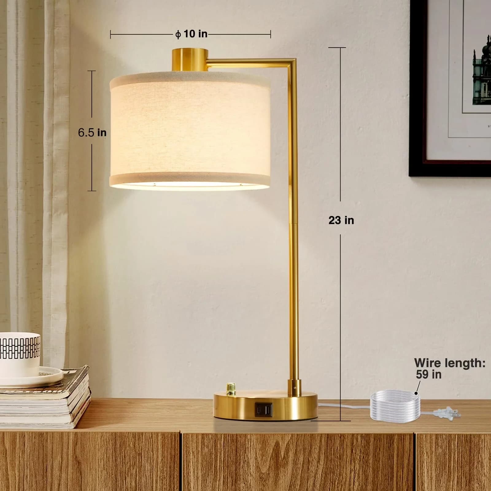 Innovative Table Lamp with LED, Mid-Century, Dimmable - Linen, Metal Gold Model 19E49C