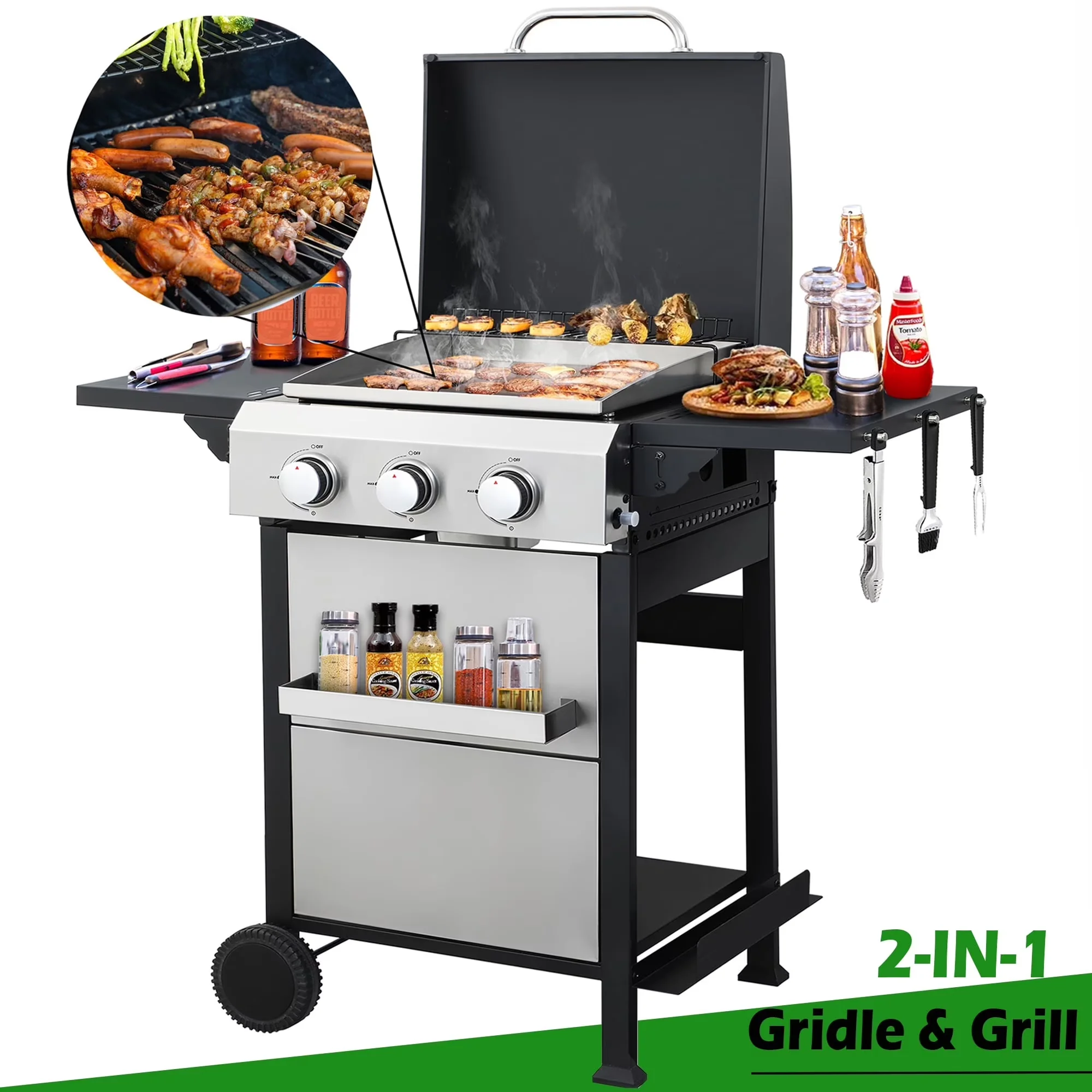 Stylish Gas Grill with Warming Rack, Portable - Steel,Stainless Steel Multicolor Model E1219F