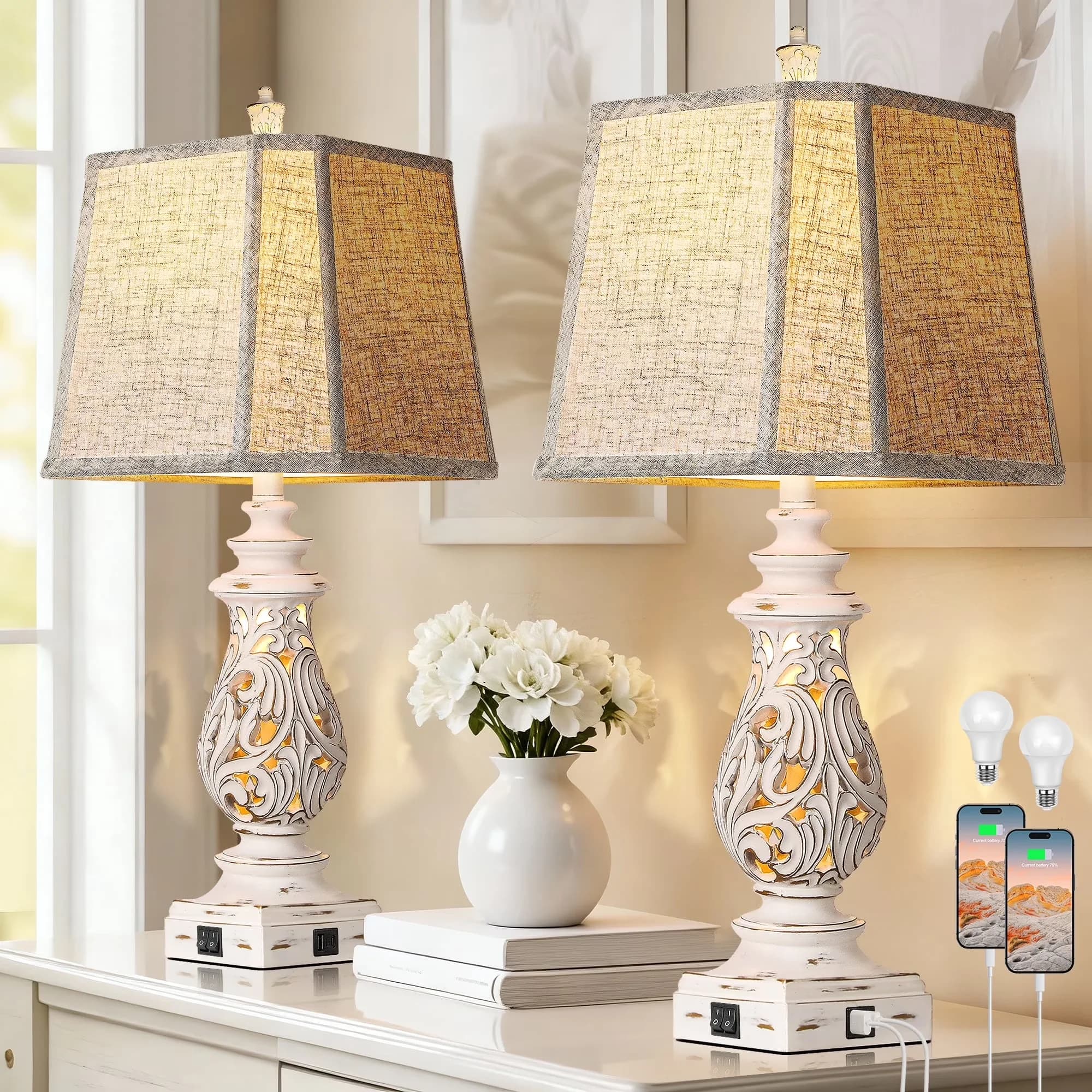 Lamp Set Professional with LED, Usb Port, 29" Farmhouse Table Lamps of 2 - Metal White Model A8C30A