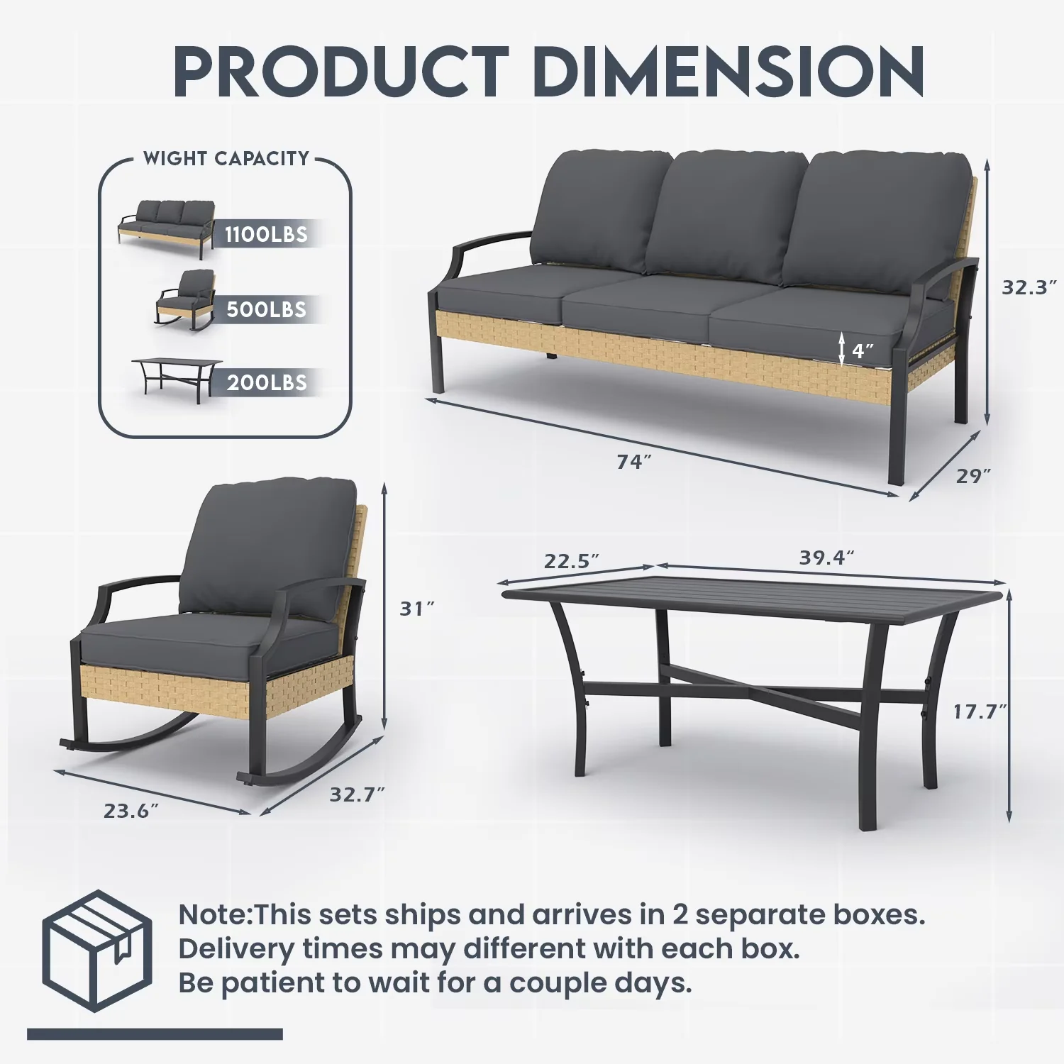 Premium Patio Conversation Set with Weatherproof, Wicker Rattan Sets, Color:Dark Grey & Black - Dark Grey Rattan, Metal, Fabric Model F389B5