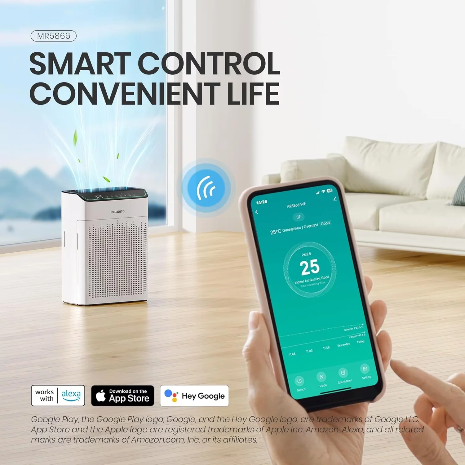 Modern Air Purifier with Filter Change Indicator, Smart Technology Capable - White for Home, Bedroom Model CAC98D