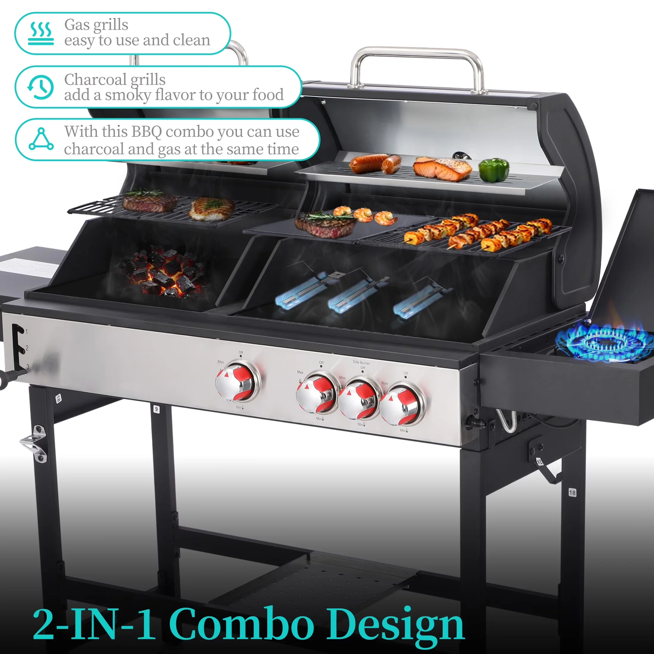 Combo Grill Compact with 39000 BTU, Adjustable Charcoal Tray - Silver Metal, Cast Iron, Stainless Steel for Outdoor Model F31470