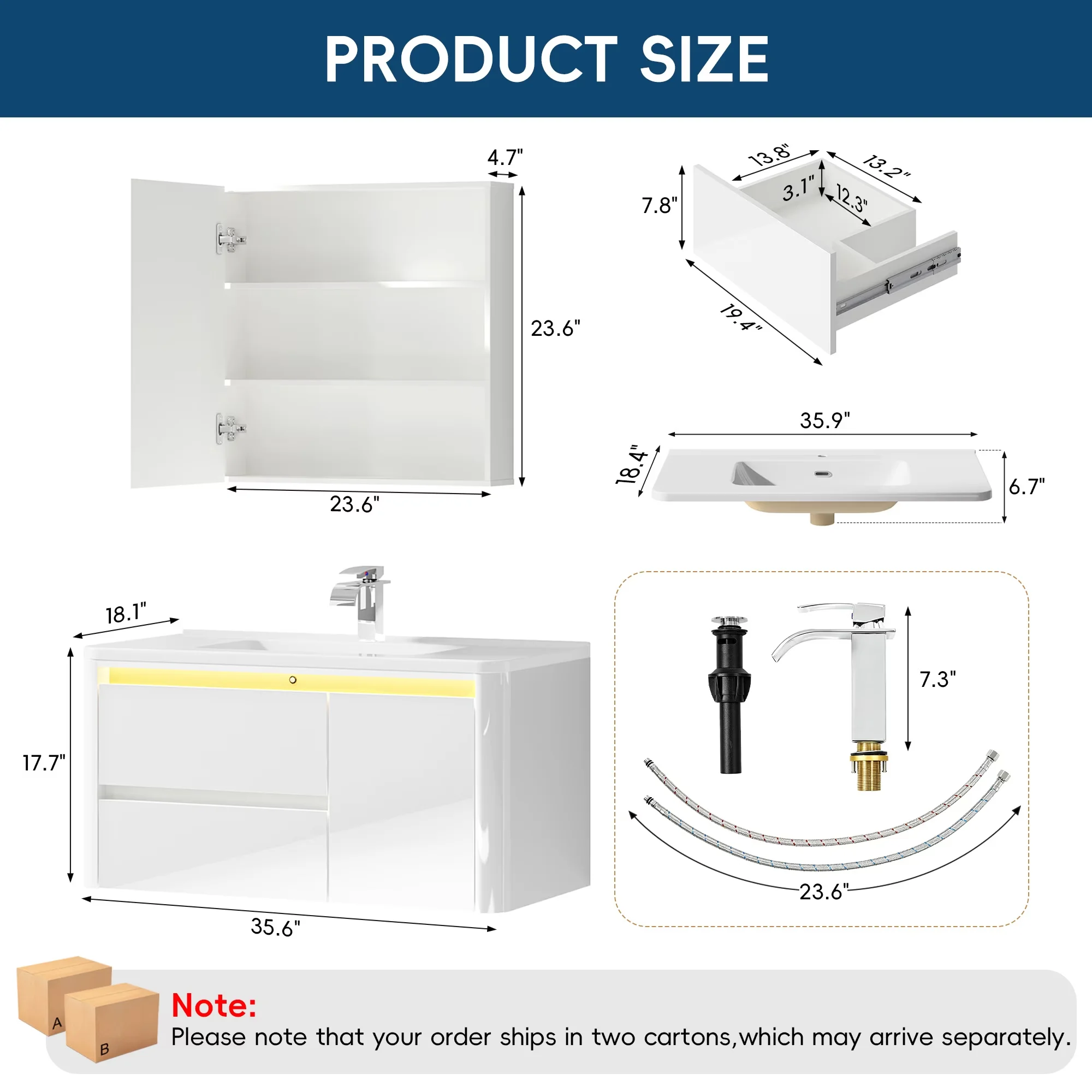 Bathroom Renovation Durable with 36 Inch Wall Mounted Vanity, Modern Floating Storage Cabinet, 2 Drawers and Soft Closing Door - Model B27350