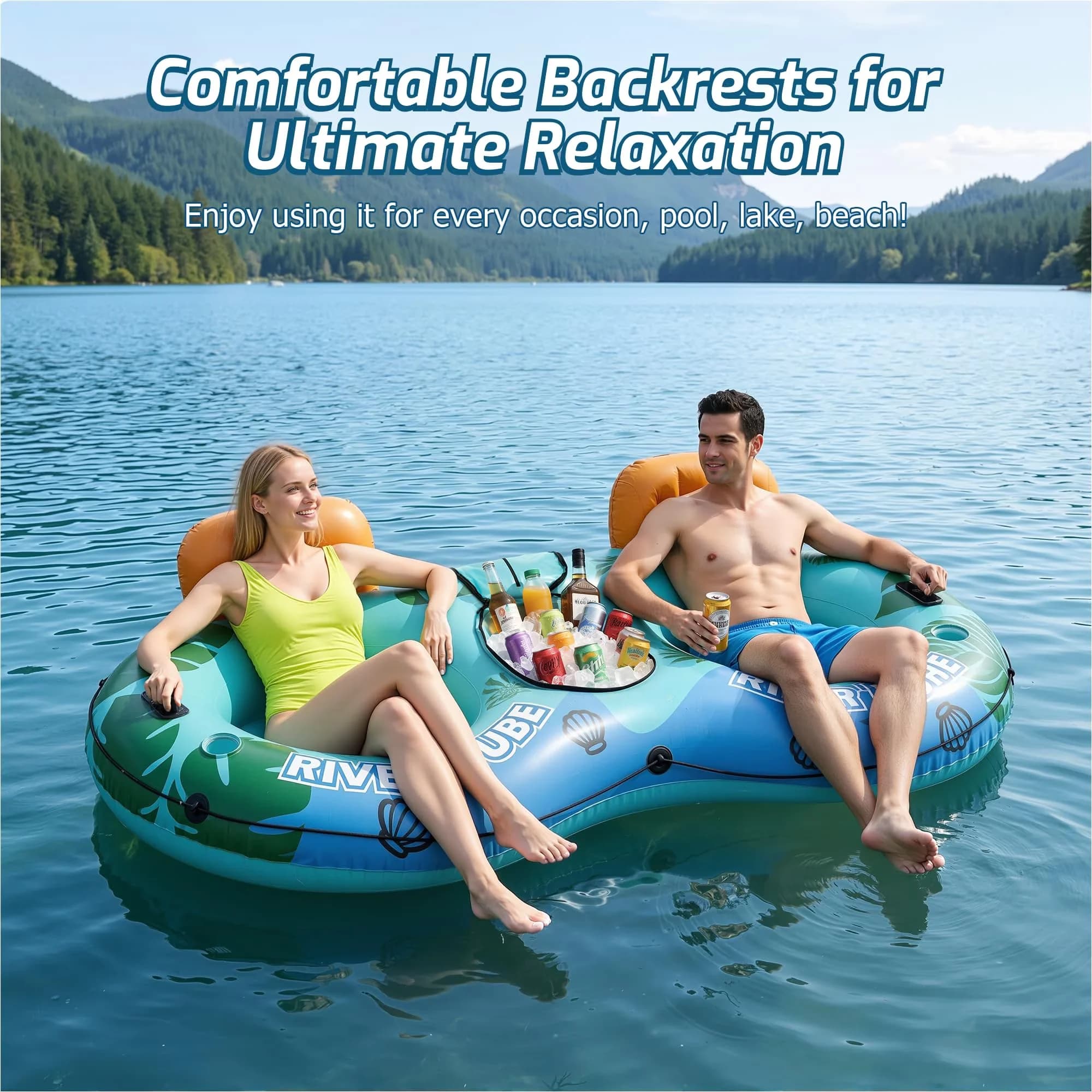 Inflatable Pool Essential with Uv Resistant, Fade Resistant, Cooler and Backrests - Blue Model 0487C3