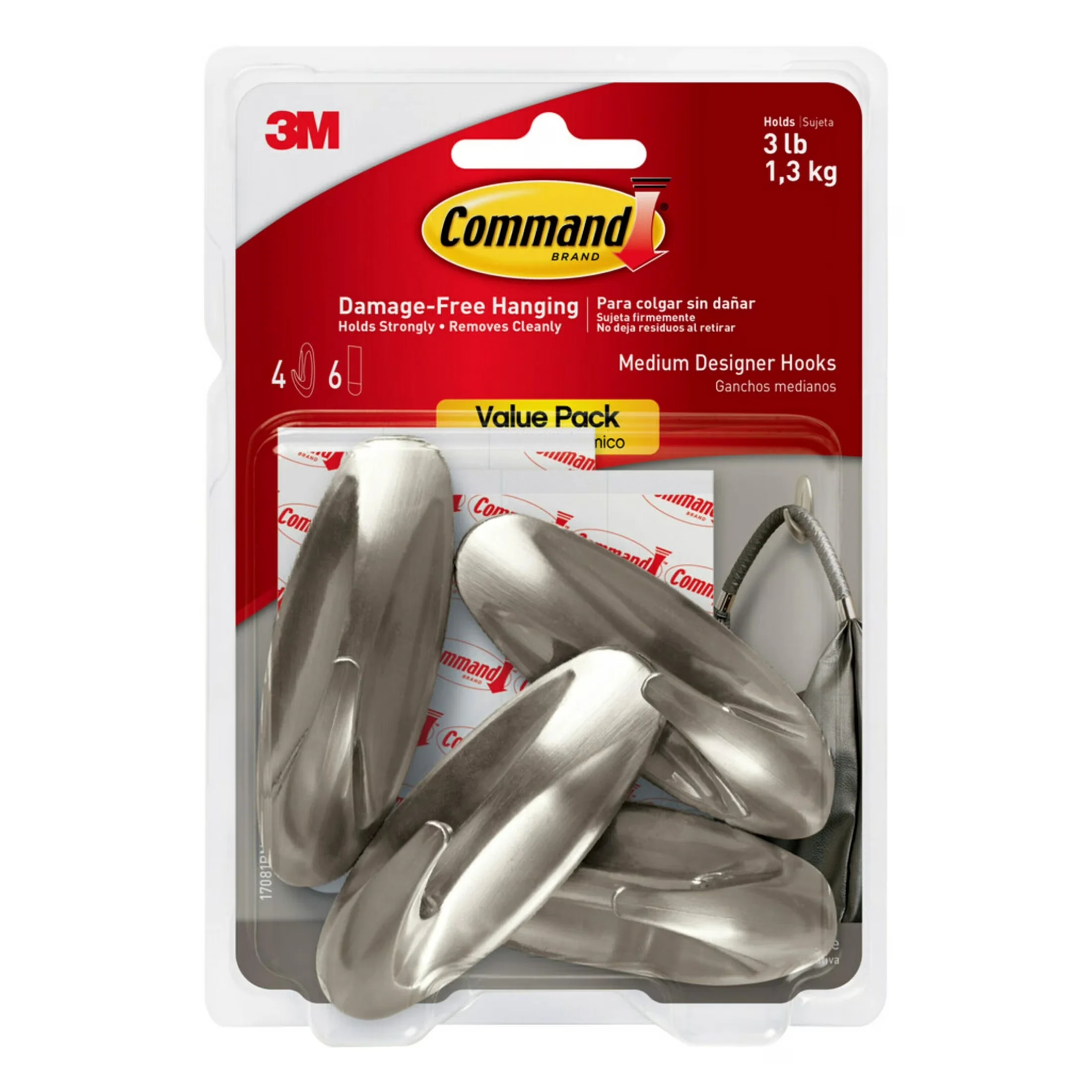 Quality Damage-Free Hanging with Easy Installation, Wall-Mountable, INCLUDES - 4 hooks and 6 strips per pack - Plastic Silver Model 0A7F8E