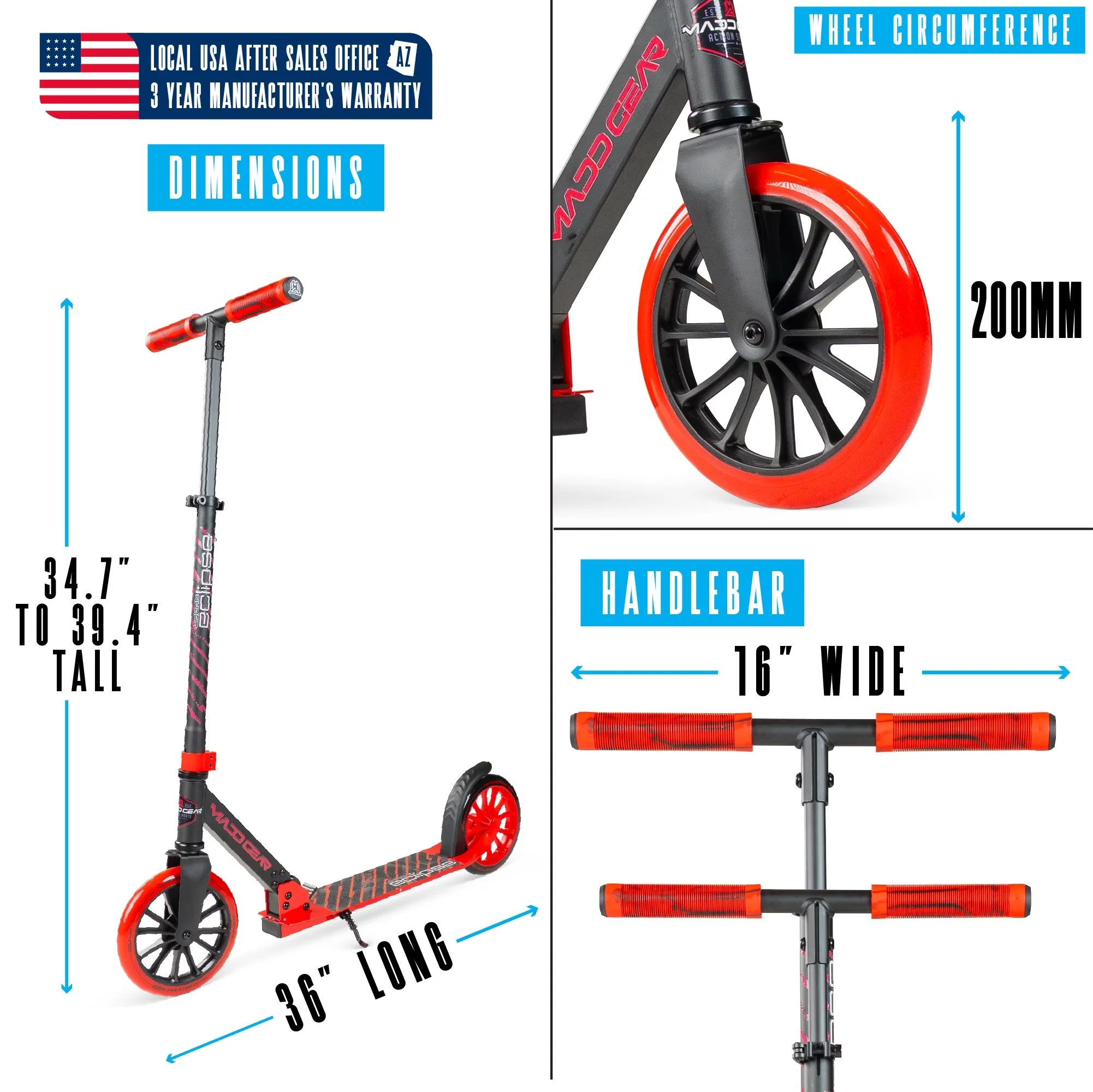 Scooter Professional with Foldable, ECLIPSE 200 RED, Eclipse Commuter 200mm Wheels - Steel Red Model 9700A6