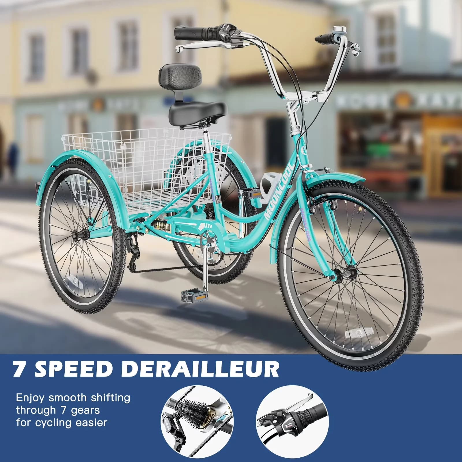 Reliable Cruiser Bike with Adjustable Seat, Adult Tricycles, Brake: Front V-brake - Cyan Model C32880