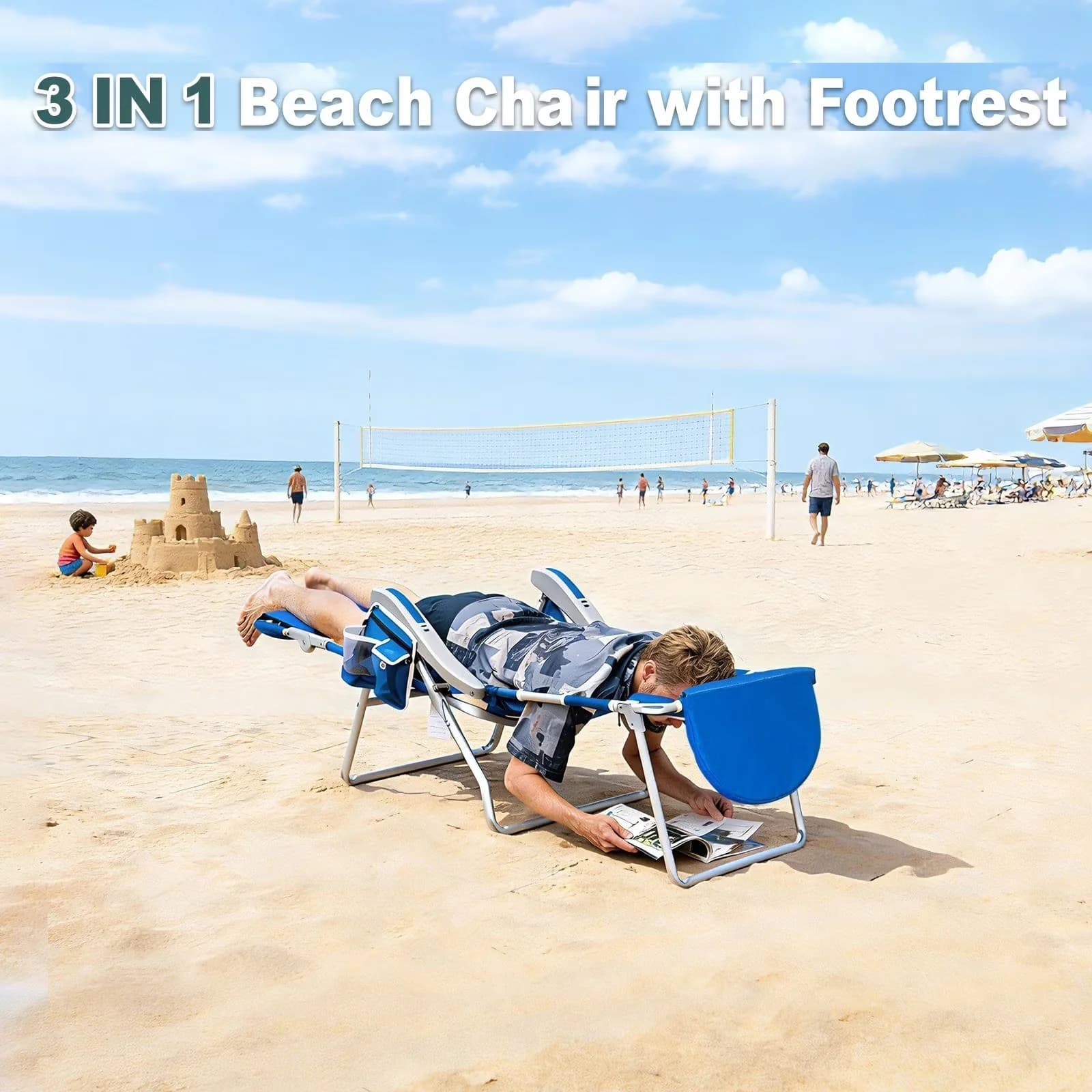 Innovative Beach Chair with Adjustable, Rust Resistant, Folding - Blue for Outdoor, Picnic Model 7F0627