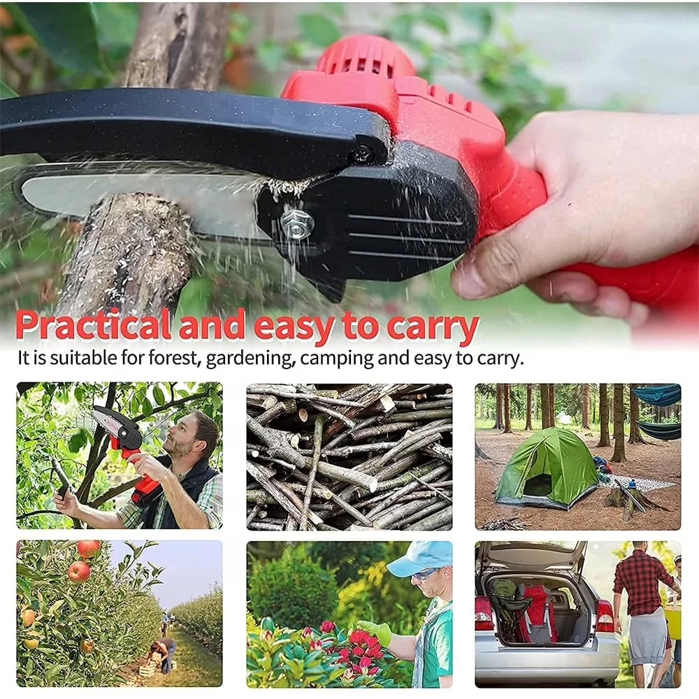 Professional Chainsaw with Battery, 24V, 6" Mini Cordless - Red - Low Maintenance Model E754DB