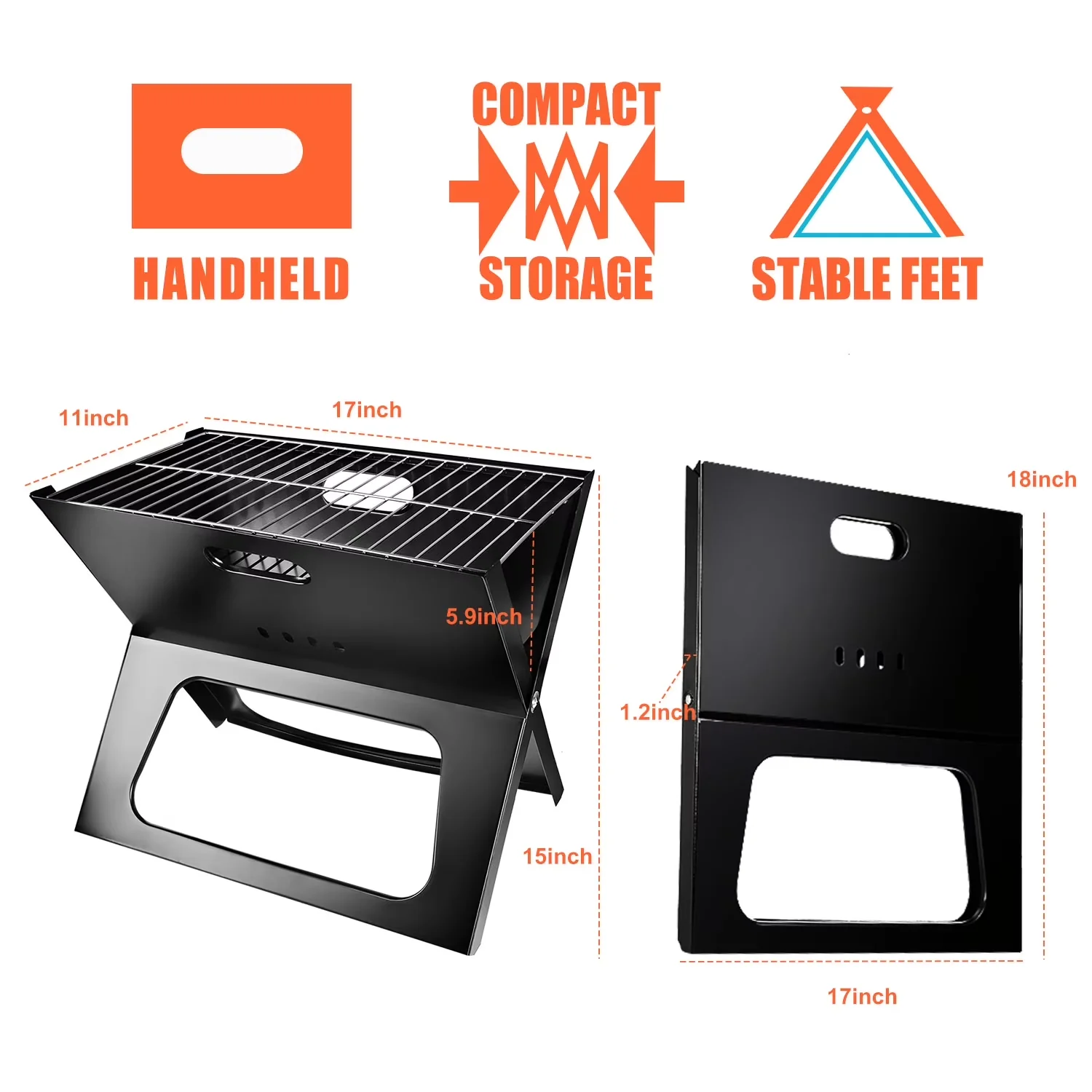 Flat Top Grill Versatile with Foldable, Rust Resistant, Portable Notebook Charcoal - Black Iron Model 57D420