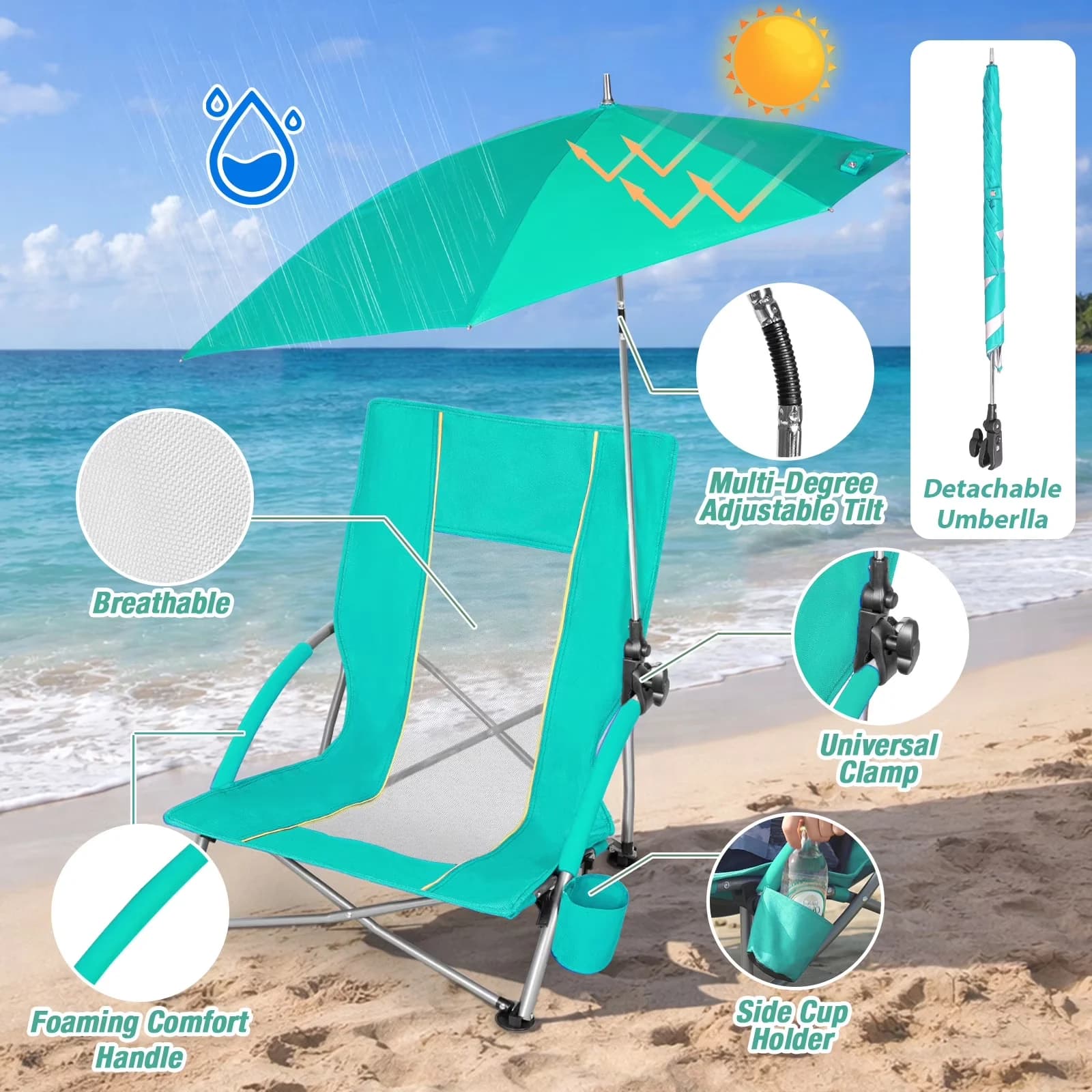 Beach Chair Modern with Folding, Cup Holder & Carry Bag - Blue Metal for Outdoor, Picnic Model 4E8B54