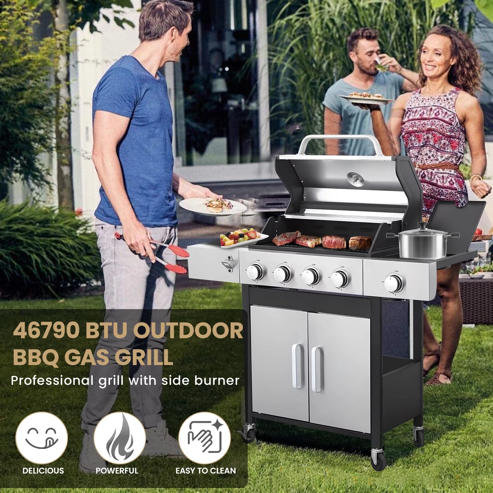 Modern Gas Grill with 46790 BTU, Heat Thermometer, Grease Pan - Silver Stainless Steel for Patio, Garden Model 0A6E83