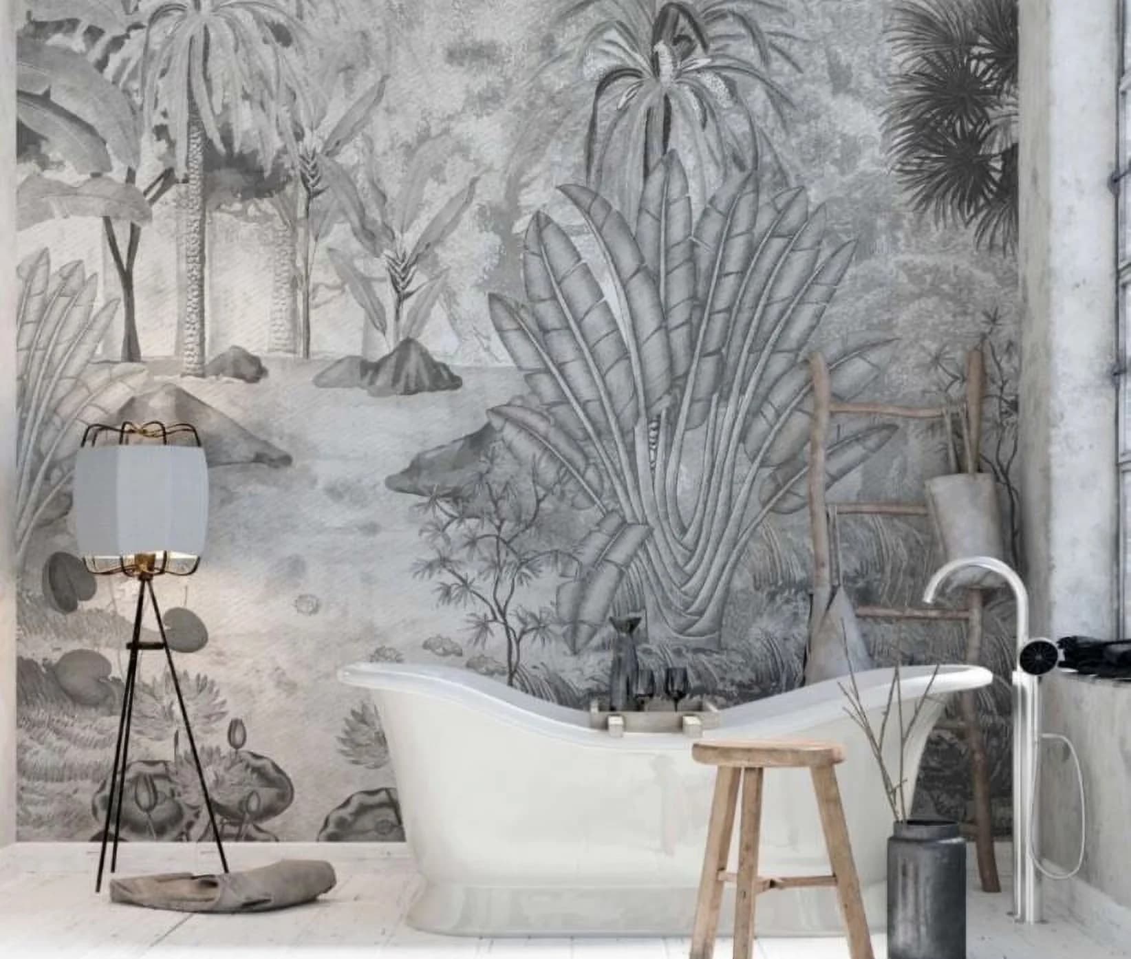 Professional Wallpaper with Removable, Black And White Tropical Pattern 3D, Bath Room Peel And Stick Wallcoverings - Non-Woven White Model D3B6BF
