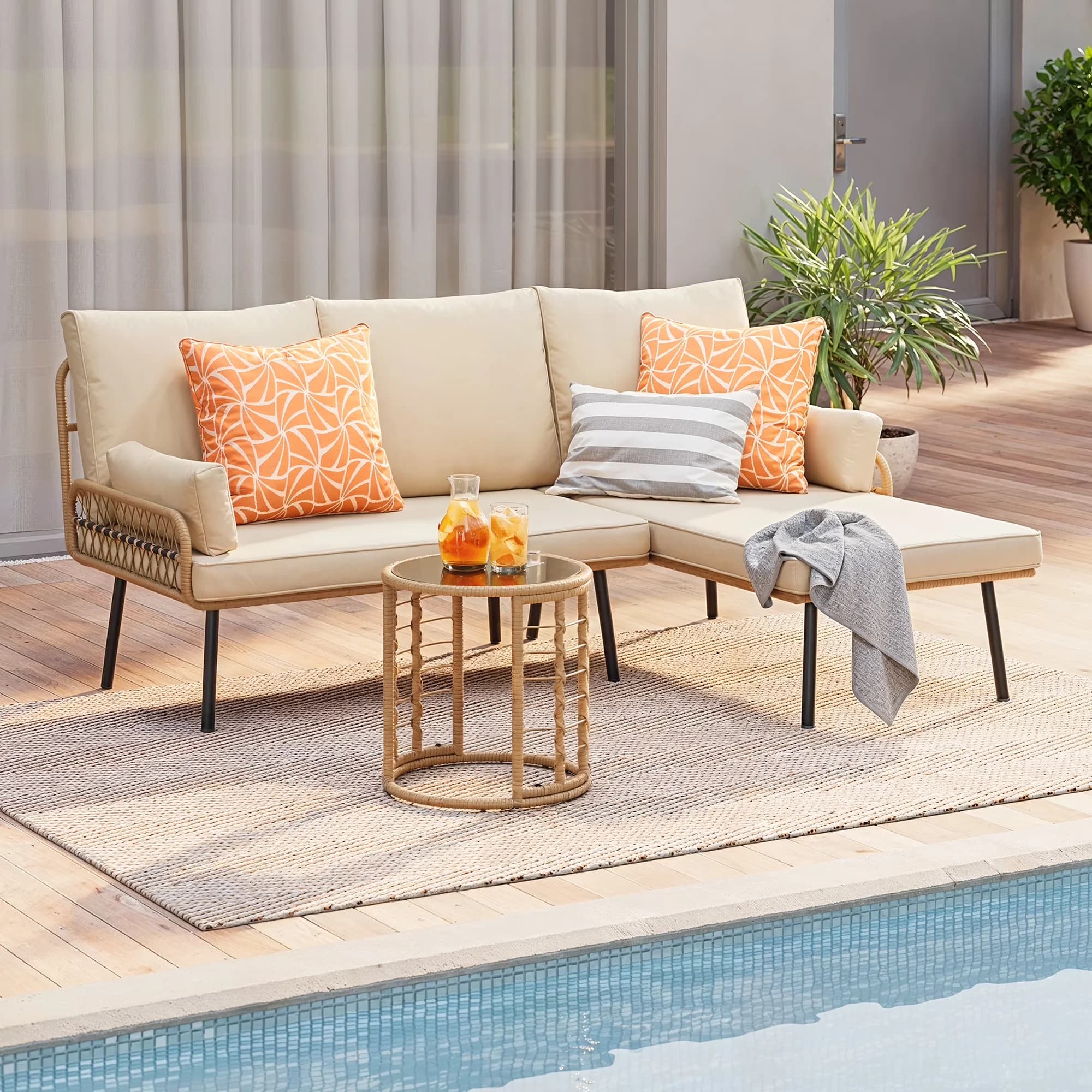 Quality Outdoor Sofas Sectional with Weatherproof, Patio Furniture Set, >> Specifications: - Steel, Rattan, Sponge Beige Model 5C60AC