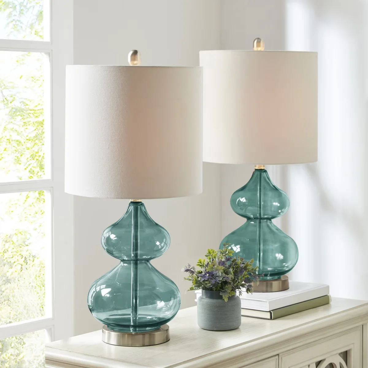 Durable Lamp Set with Transitional, White Shades, Transitional Style - Glass, Iron Blue, White, Multicolor Model 0C0EAC