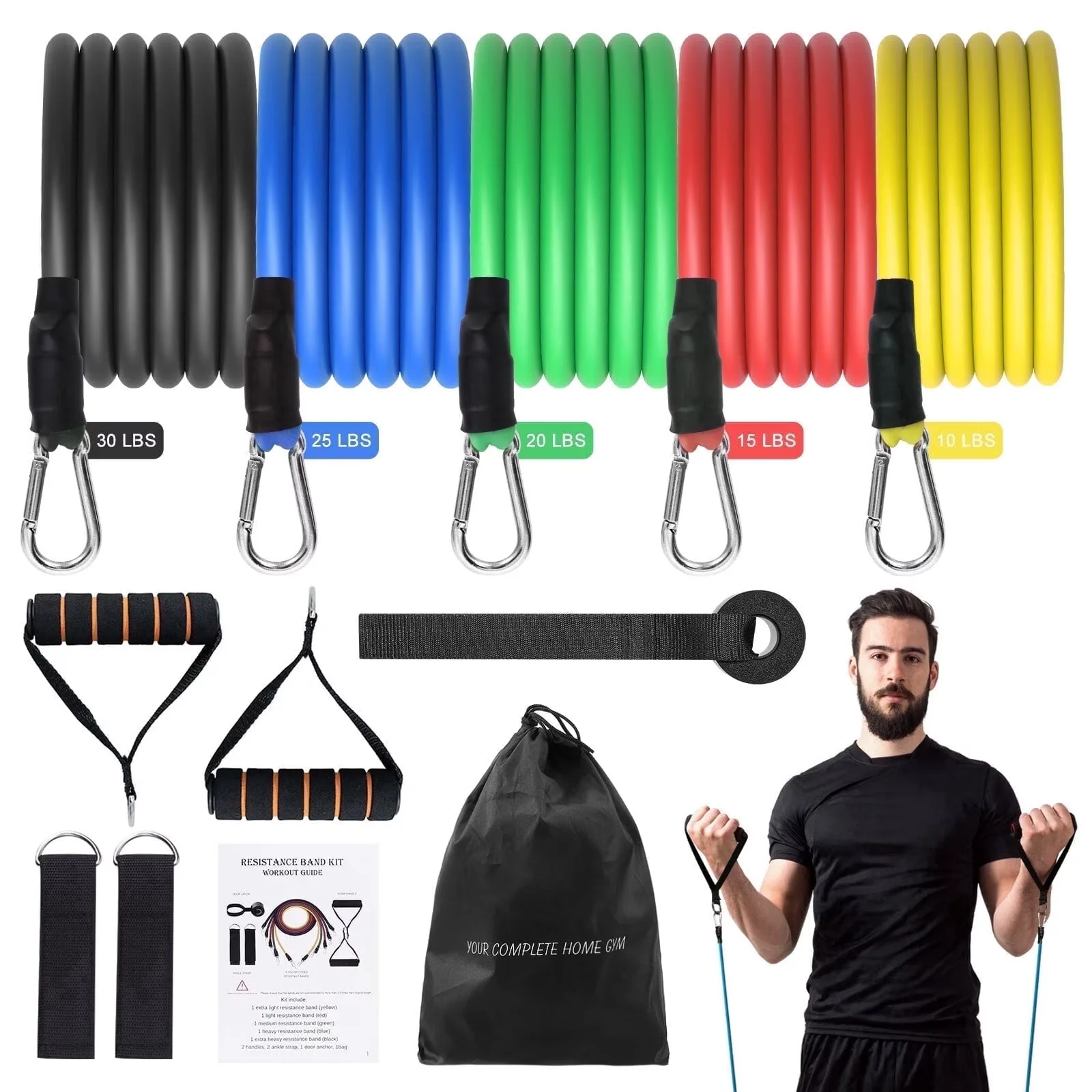 Essential Home Gym Accessory with Anti-Slip, 5-Level Resistance Bands Set - Tpe / Sponge/Metal Black; Green; Blue; Red; Yellow Model 5C68B8