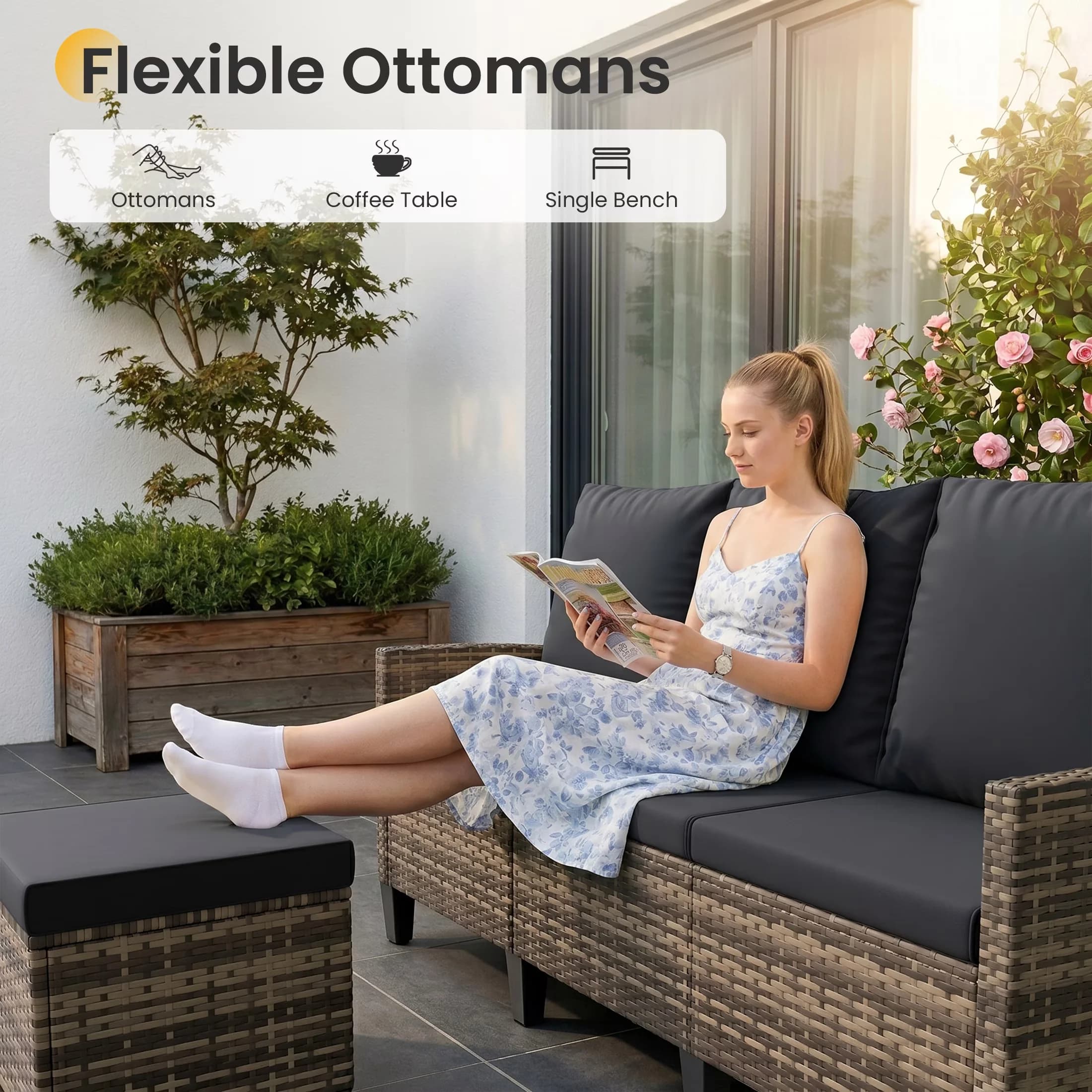 Patio Conversation Set Classic with All-Weather Wicker Rattan Furniture Sofa, 6 Pieces Outdoor, Ottoman and Swivel Chairs - Yellow Model BC7EF8