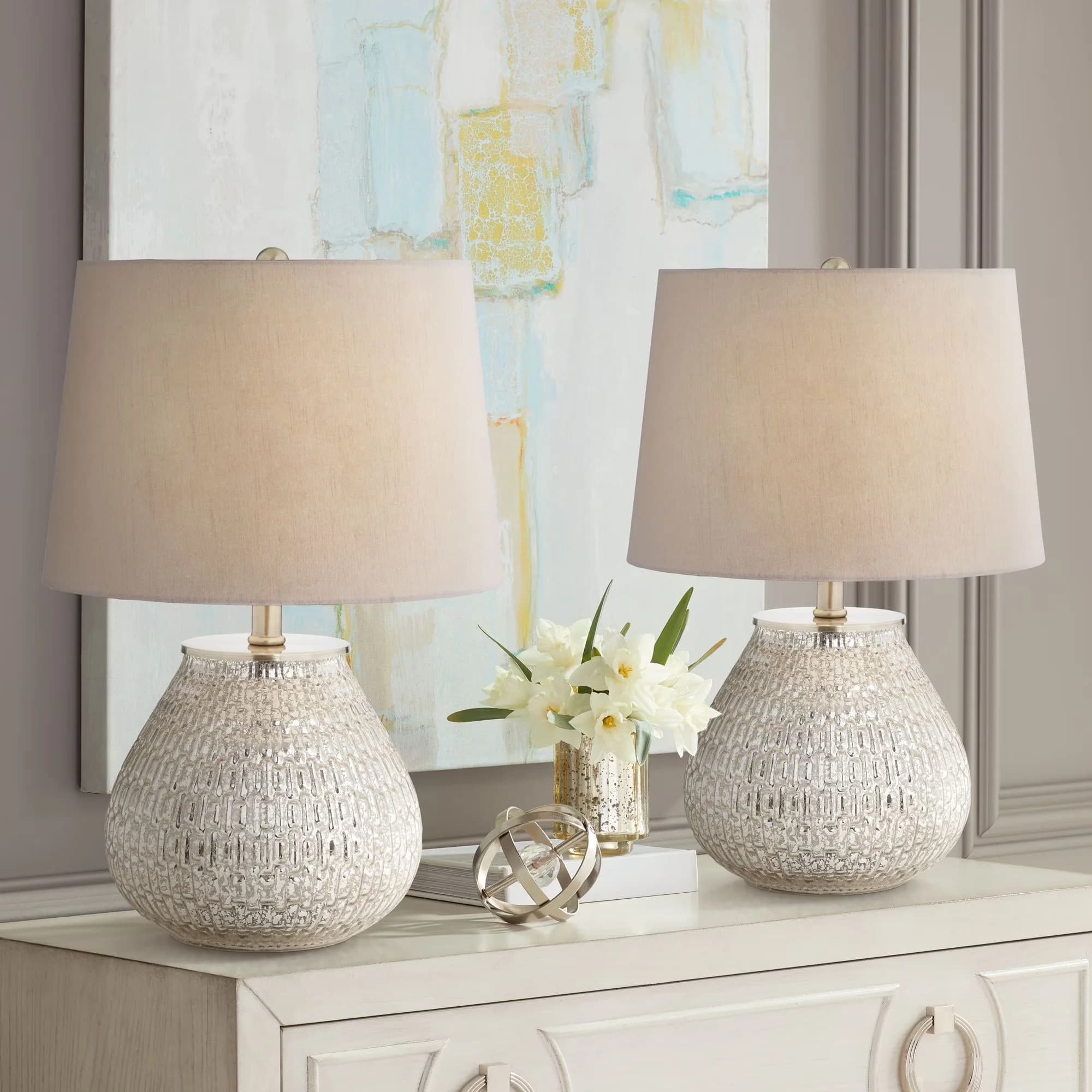 Modern Lamp Set with Incandescent, Rustic/Lodge, Gray poly blend fabric lamp shade. - Glass Gray for Bedroom Model 18CB10