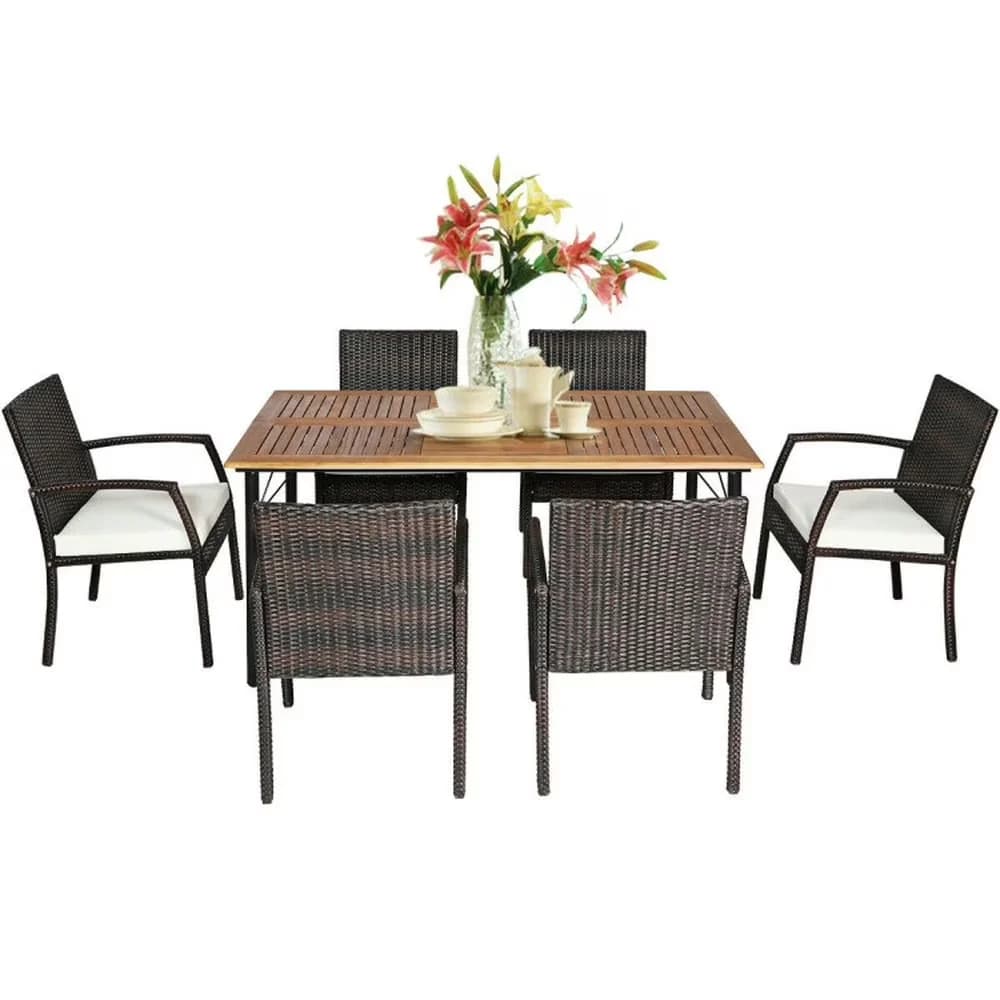 Classic Patio Dining Set with Modern, Outdoor Furniture, Umbrella Hole - White Pe Wicker, Acacia Wood, Steel, Polyester, Sponge Model 8A5B3E
