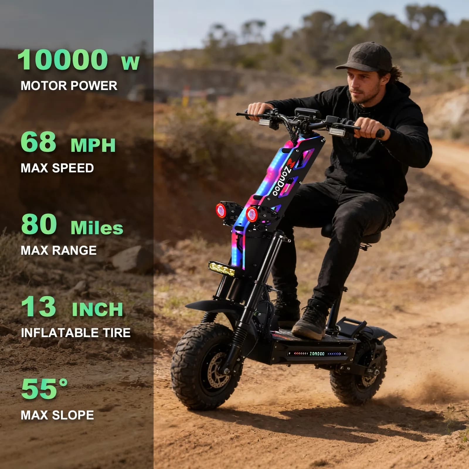 Versatile Scooter with 72V, Headlights, Dual Motors Up to 68 MPH - Black Alloy Steel Model 953FB2