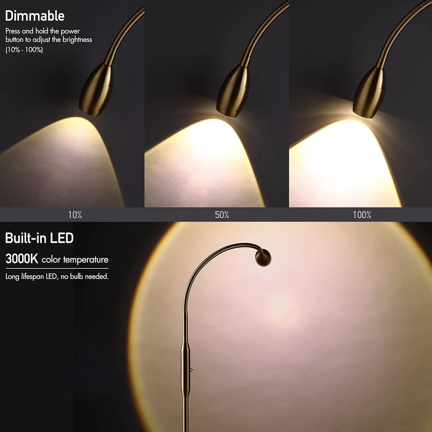 Essential Floor Lamp with LED, Adjustable Height, Dimmable - Gold Metal Model AF2C24