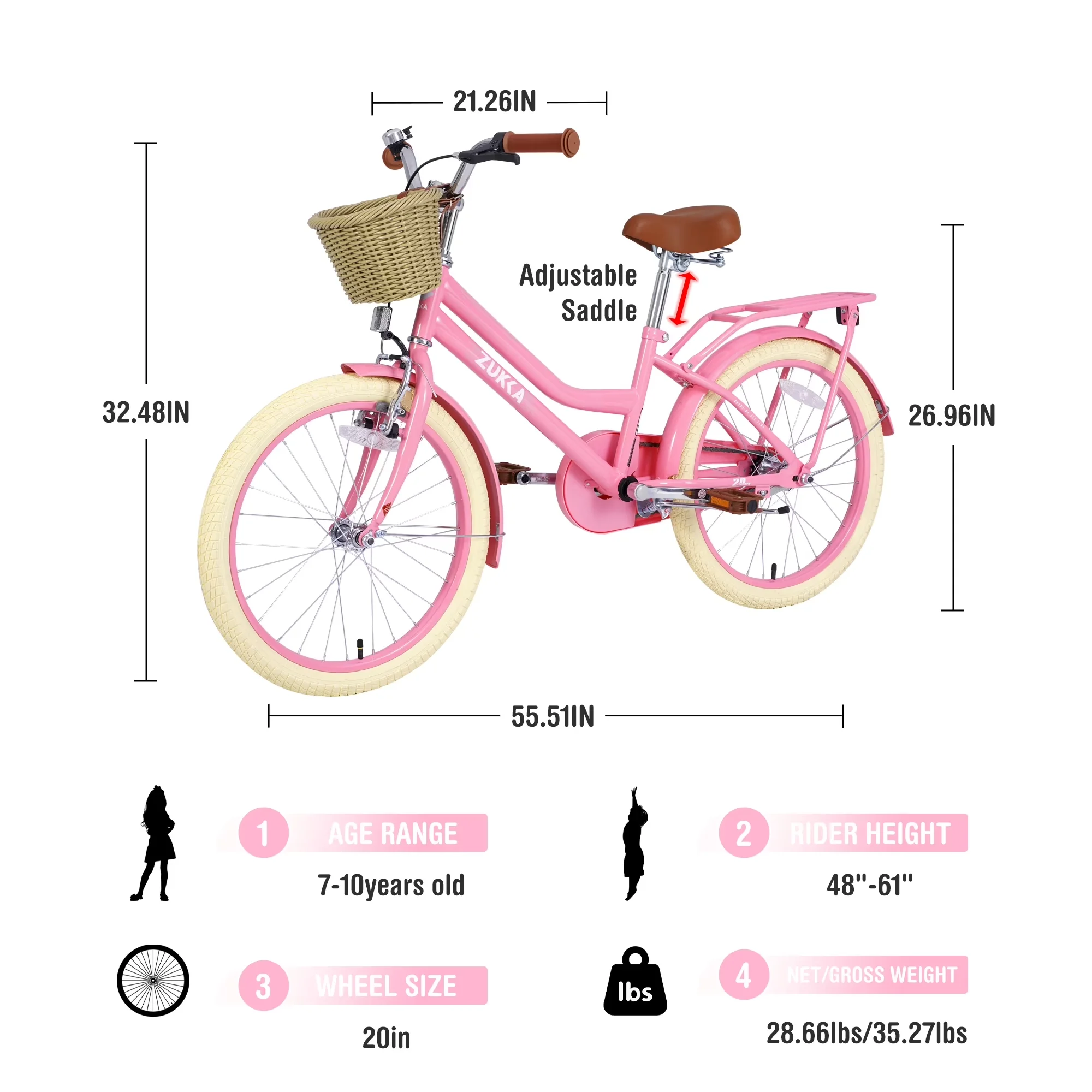 Cruiser Bike Innovative with Adjustable Seat Height, 20" Girls - Light Pink Model 658A17