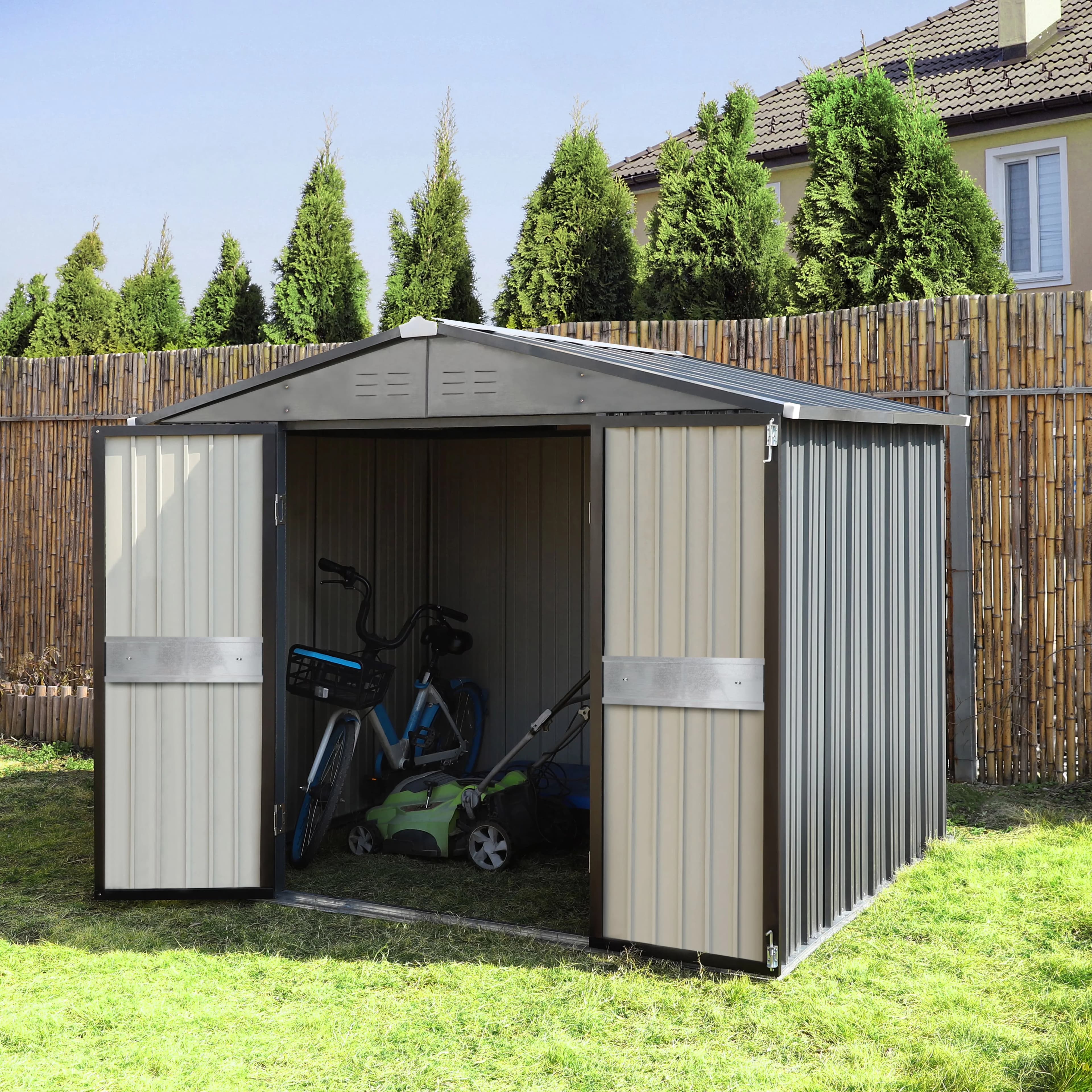 Shed Versatile with Lockable Door, 8'x10' Outdoor Storage, Suitable - Gray Galvanized Metal for Garden, Patio Model 09CE9B