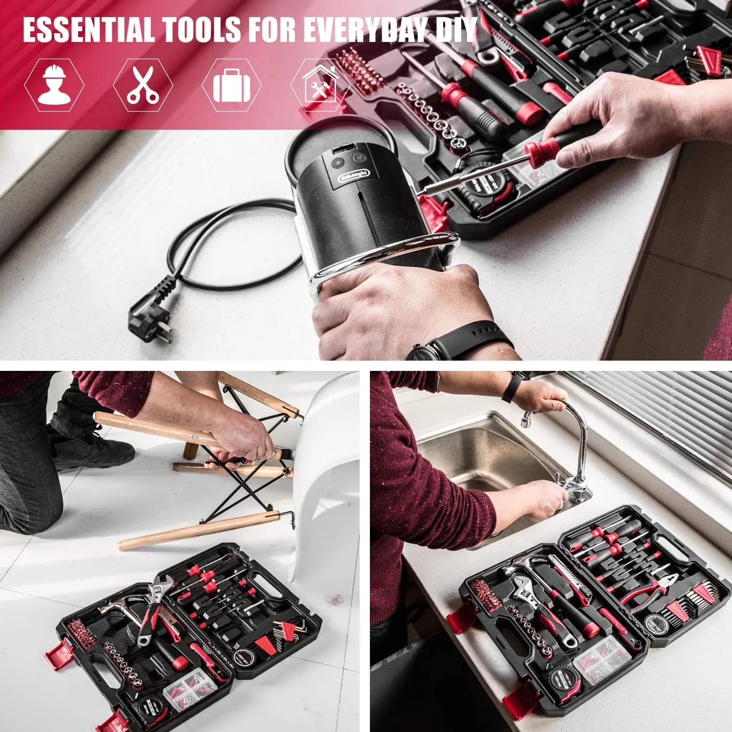 Versatile Hand Tool Set with Adjustable, 128-Piece Home Repair, Sets - Red Model CEB29E