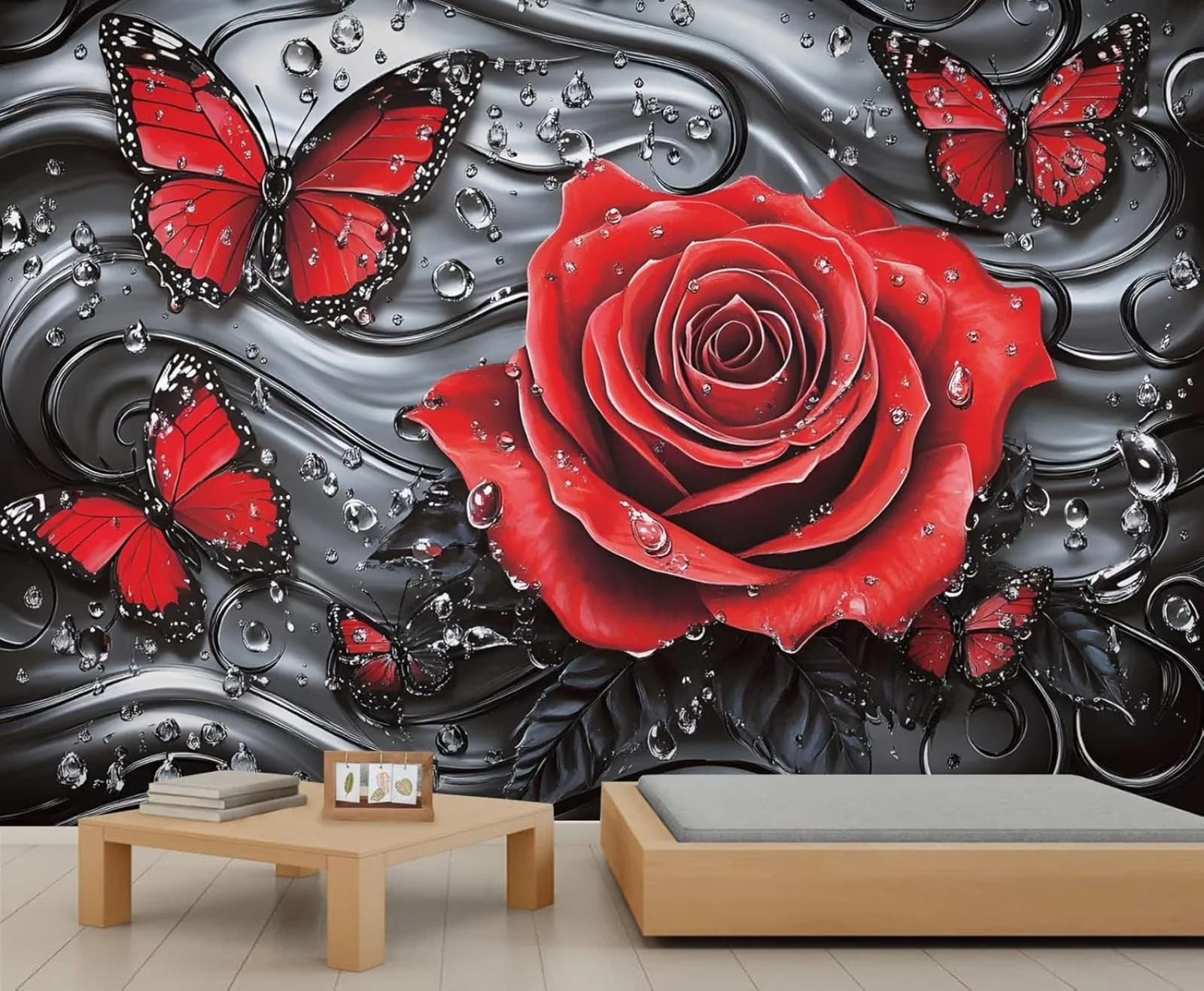 Wallpaper Sleek with Durable, Flower Butterfly Mural, Large Black Red Rose - High-Quality Canvas 55"W x 28"H for Living Room, Bedroom Model DE5617