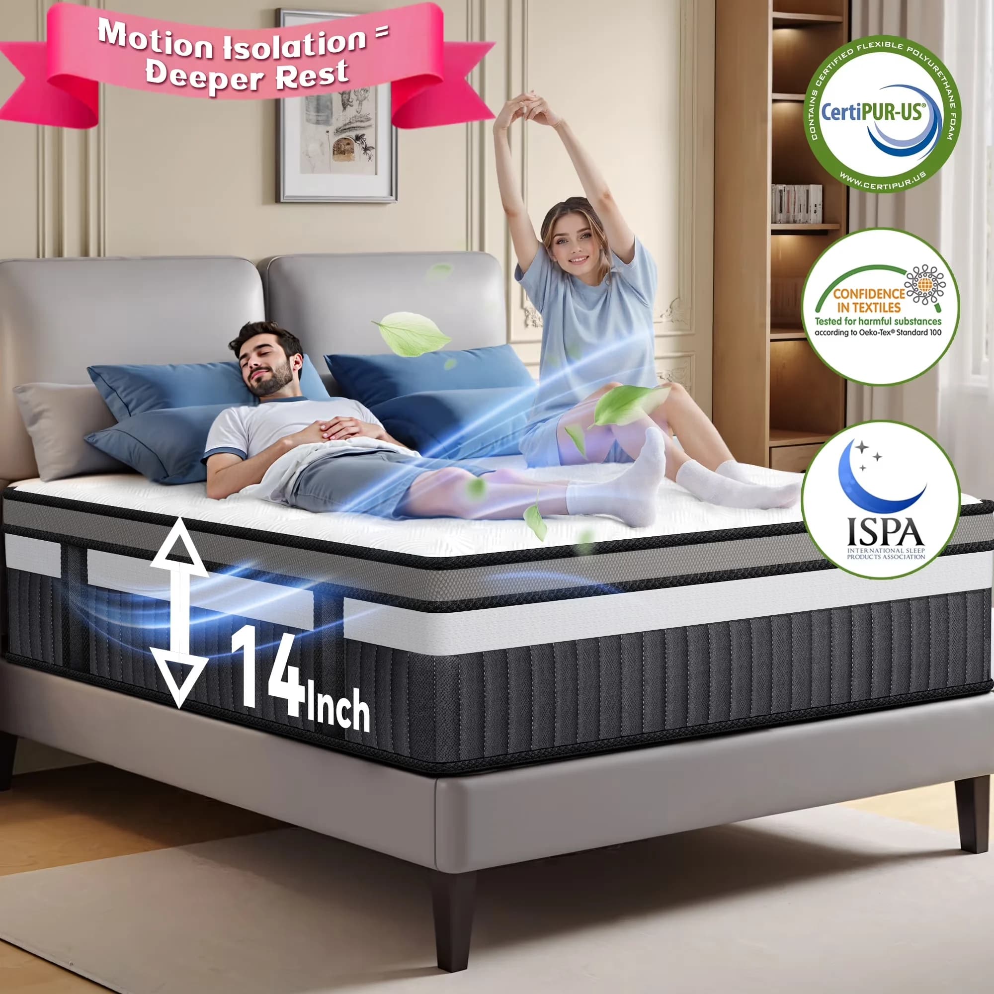 Sleek Mattresses Accessory with Cooling Technology, Mattress-In-A-Box - White Gel Memory Foam,Pocket Springs Model 3D18BA